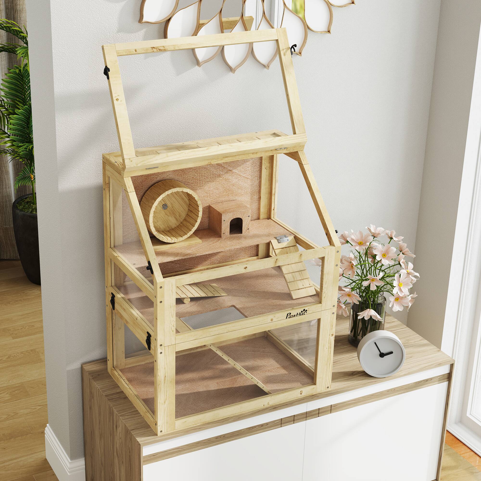 Alt View 5. Pawhut - 24"x16"x29.5" 3-Tier Wooden Hamster Cage, Small Animal Habitat with Detachable 12.6" Deep Bottom, Hut, Exercise Wheel.