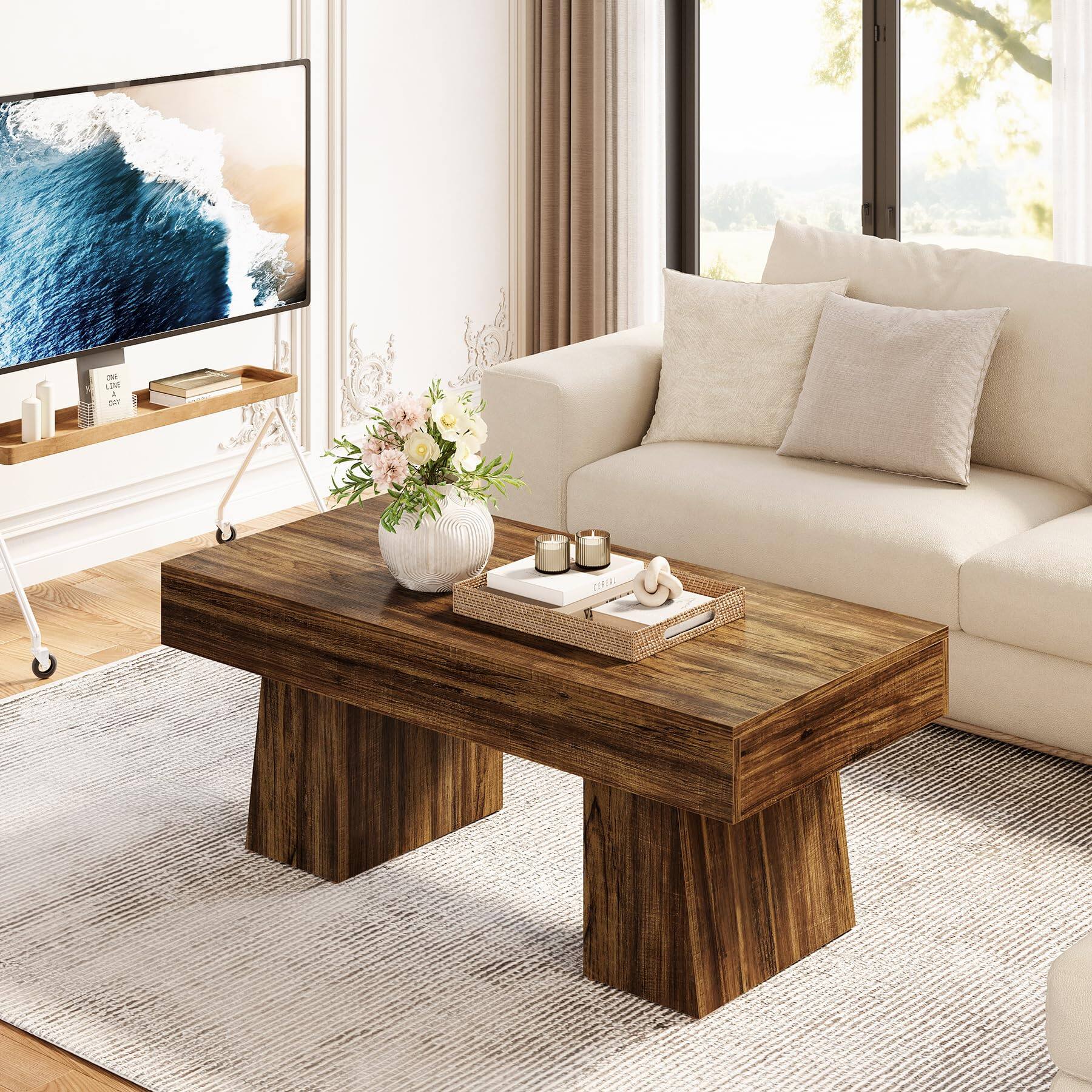 Back. Tribesigns - LITTLE TREE Farmhouse Coffee Table, 47 Inches Living Room Table, Rectangular Wooden Accent Center Tables with Thick Base - Walnut Brown.
