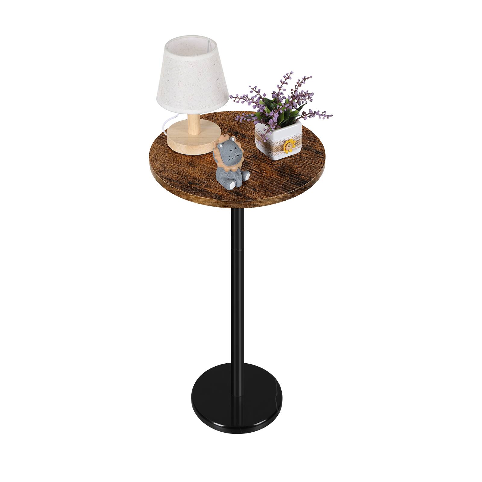 Alt View 1. Oumilen - Round Bar Table with Rustic Wood Top & Black Marble Base, 32cm/12.6in Diameter - Brown.