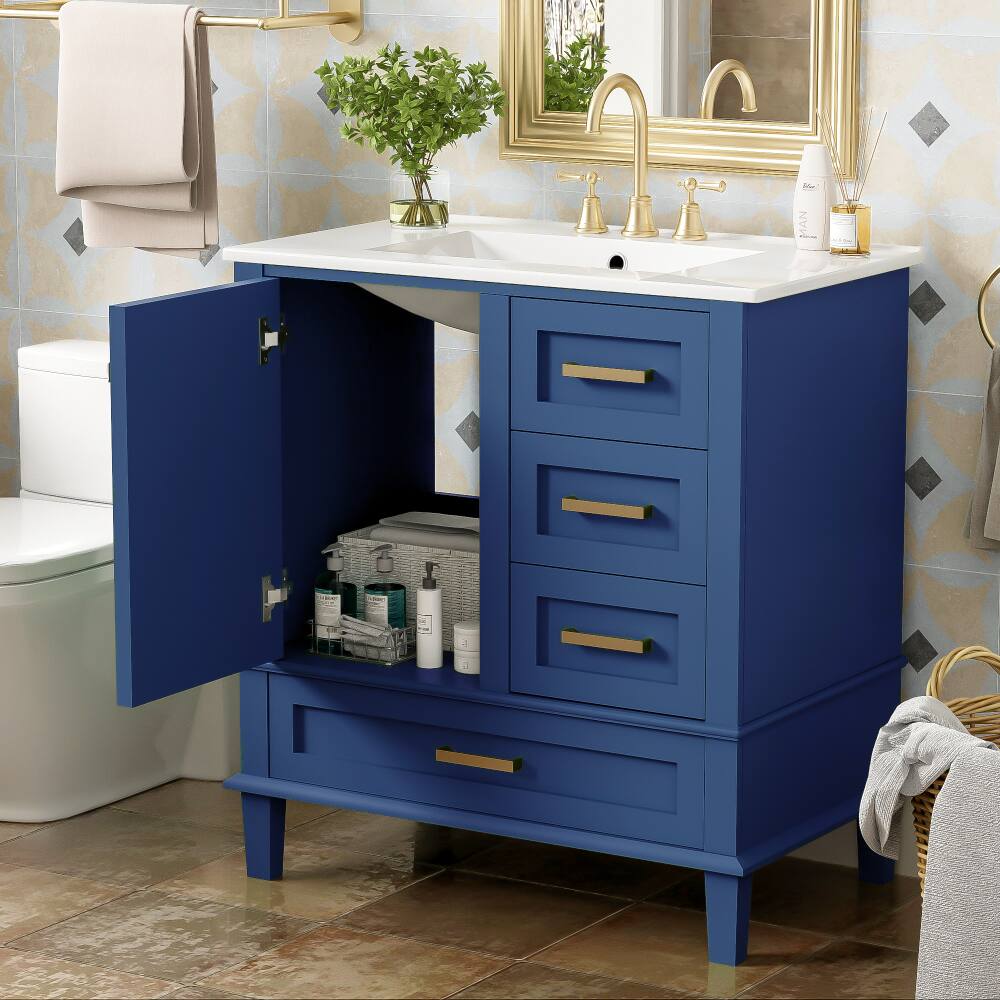 Left. JUJABU - Blue 30" Bathroom Vanity Cabinet with Ceramic Sink Combo Set - Blue.