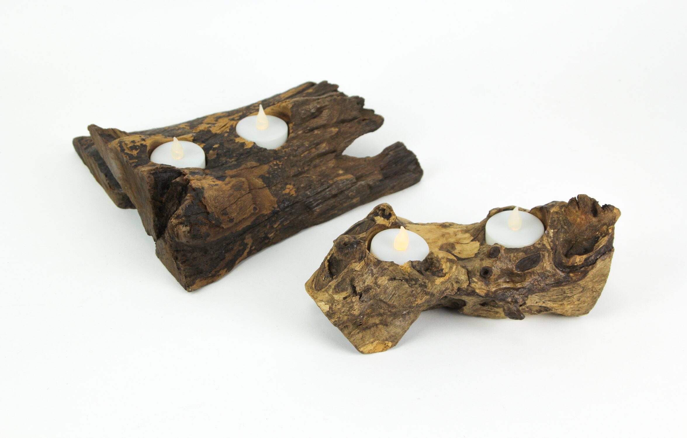Alt View 2. Things2Die4 - Set of 2 Natural Gamal Root Wood Double Tealight Candle Holders - 8 Inch - Brown.