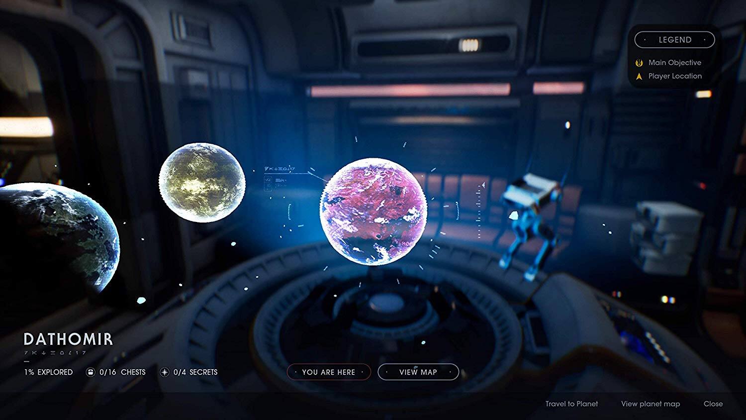 **LEGEND**
- Main Objective
- Player Location

**DATHOMIR**
- 1% EXPLORED
- 0/16 CHESTS
- 0/4 SECRETS

**YOU ARE HERE**

**VIEW MAP**

**Travel to Planet**
**View planet map**
**Close**