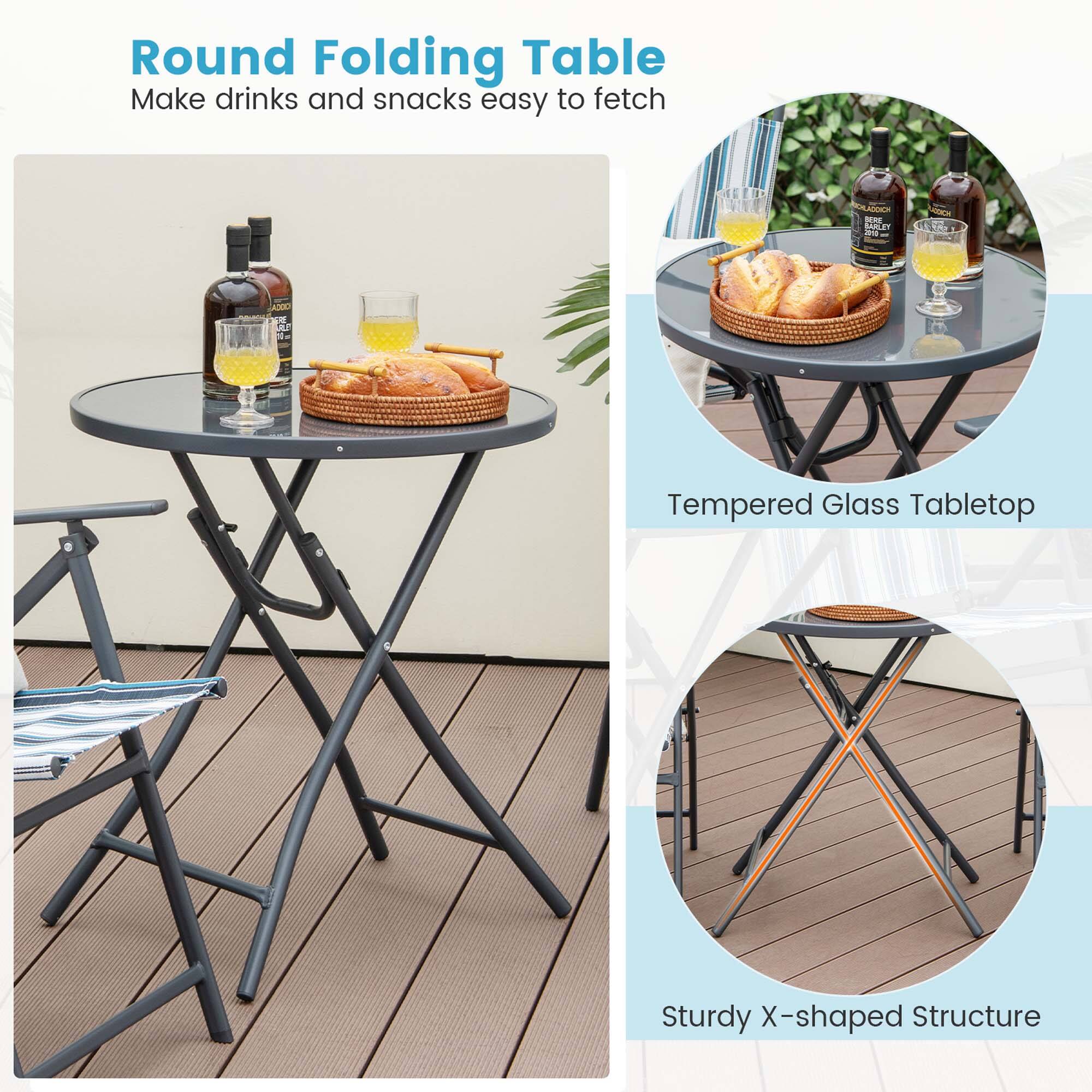 Round Folding Table
Make drinks and snacks easy to fetch

Tempered Glass Tabletop
Sturdy X-shaped Structure