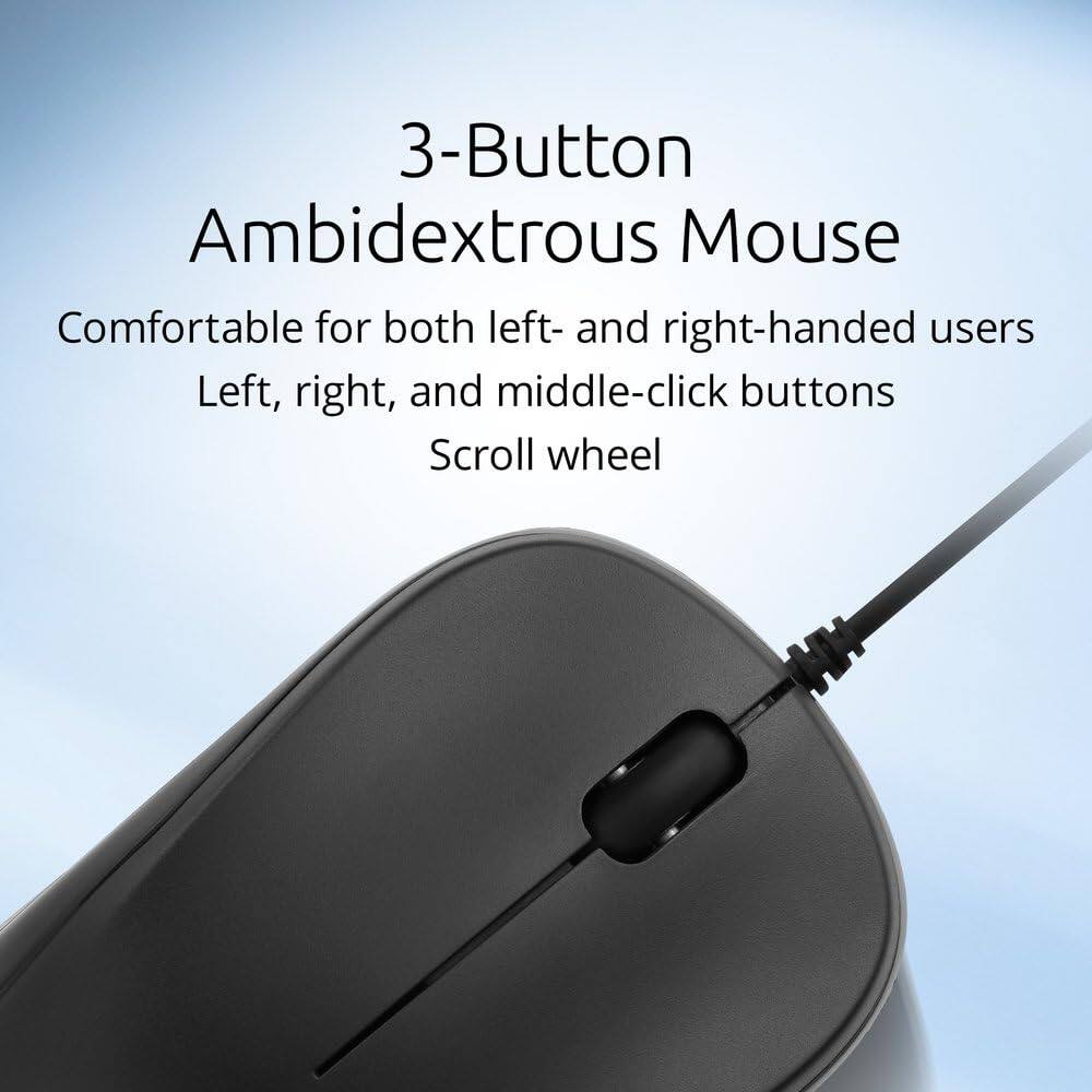 3-Button Ambidextrous Mouse  
Comfortable for both left- and right-handed users  
Left, right, and middle-click buttons  
Scroll wheel