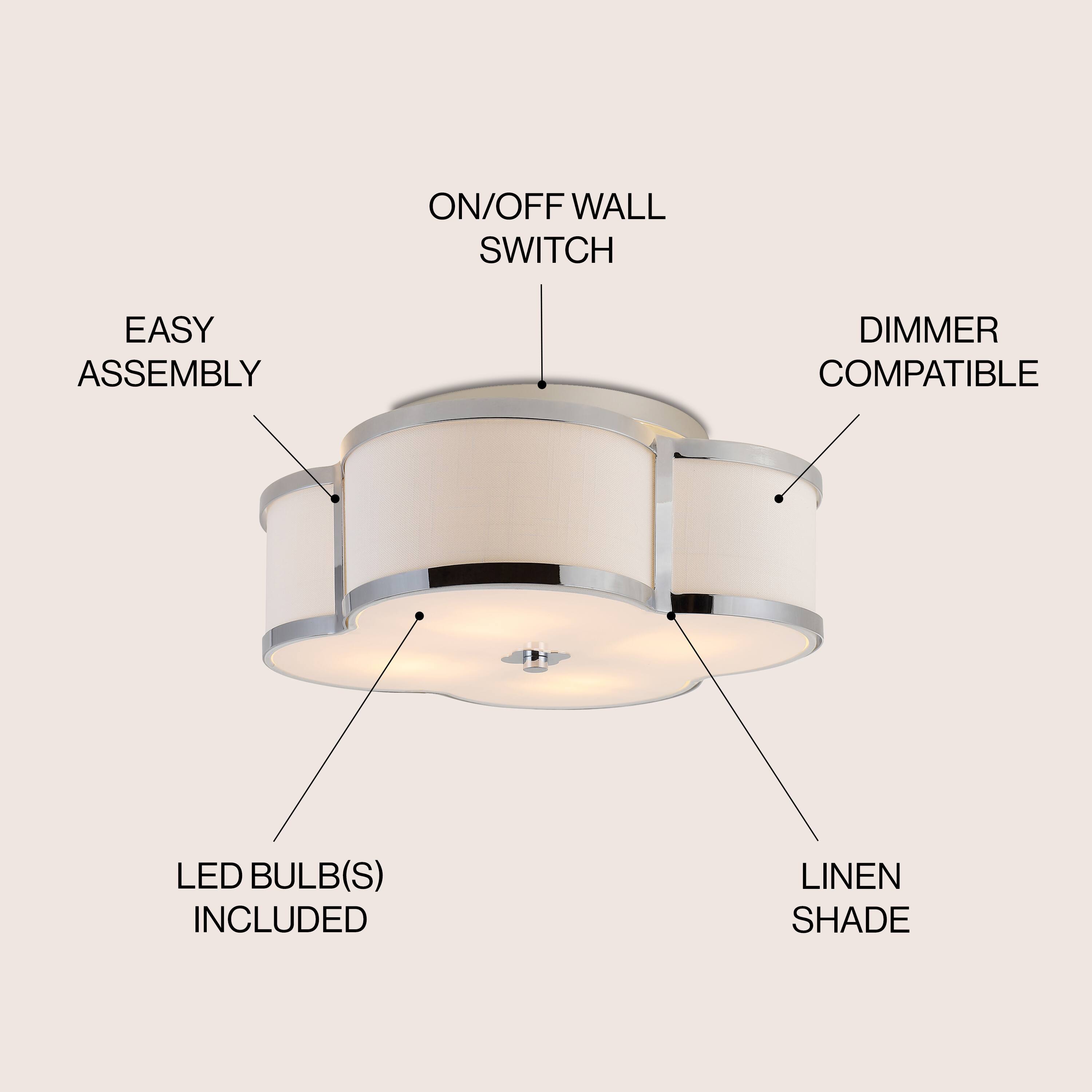 ON/OFF WALL SWITCH  
EASY ASSEMBLY  
DIMMER COMPATIBLE  
LED BULB(S) INCLUDED  
LINEN SHADE