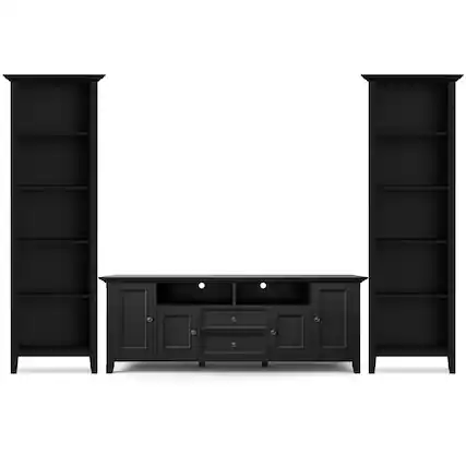 Front. Simpli Home - Amherst Solid Wood Transitional 72 inch Wide TV Stand with Two 24 inch Wide 5 Shelf Bookcases in Black (Set of 3) - Black.