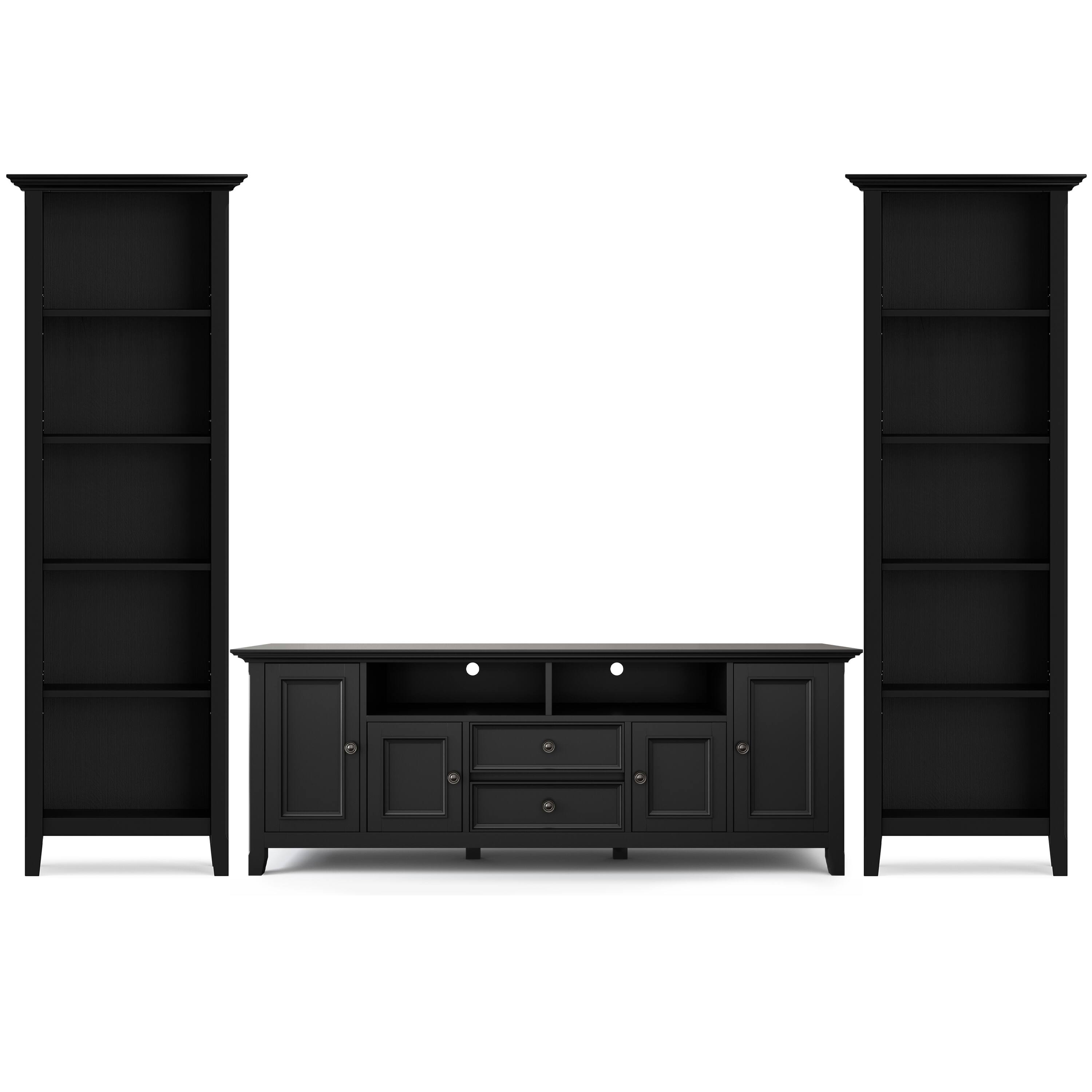 Front. Simpli Home - Amherst Solid Wood Transitional 72 inch Wide TV Stand with Two 24 inch Wide 5 Shelf Bookcases in Black (Set of 3) - Black.