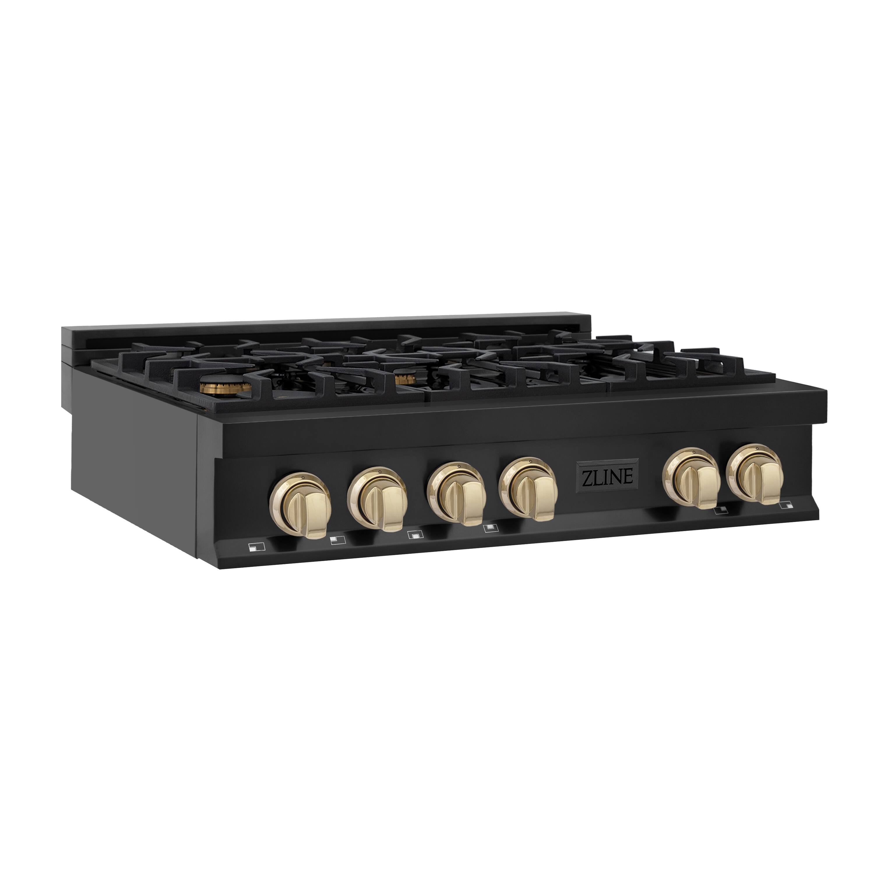 Angle. ZLINE - ZLINE Autograph 36 in. Legacy Rangetop in Black Stainless Steel w/ Gold Accents - Black Stainless Steel.