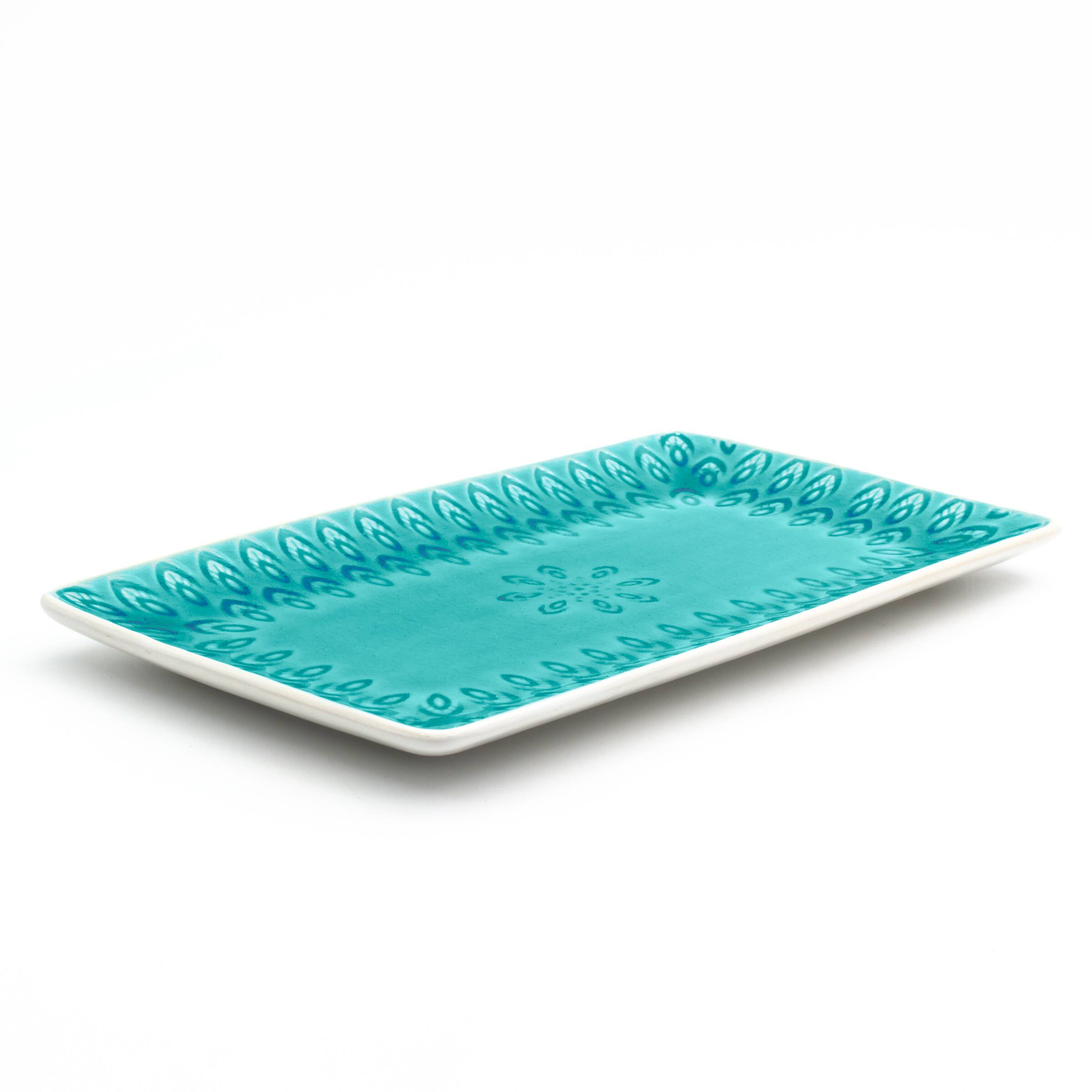Angle. Euro Ceramica Home - Peacock Rectangular Platter -- Lagoon - Lagoon.