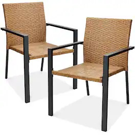 Best Choice Products - Set of 2 Wicker Chairs, Stackable Outdoor Dining Furniture w/ Armrests - Natural