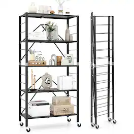 Gymax - 5-Tier Foldable Storage Shelf w/ Wheels Adjustable Shelves Metal Shelving Unit - Black