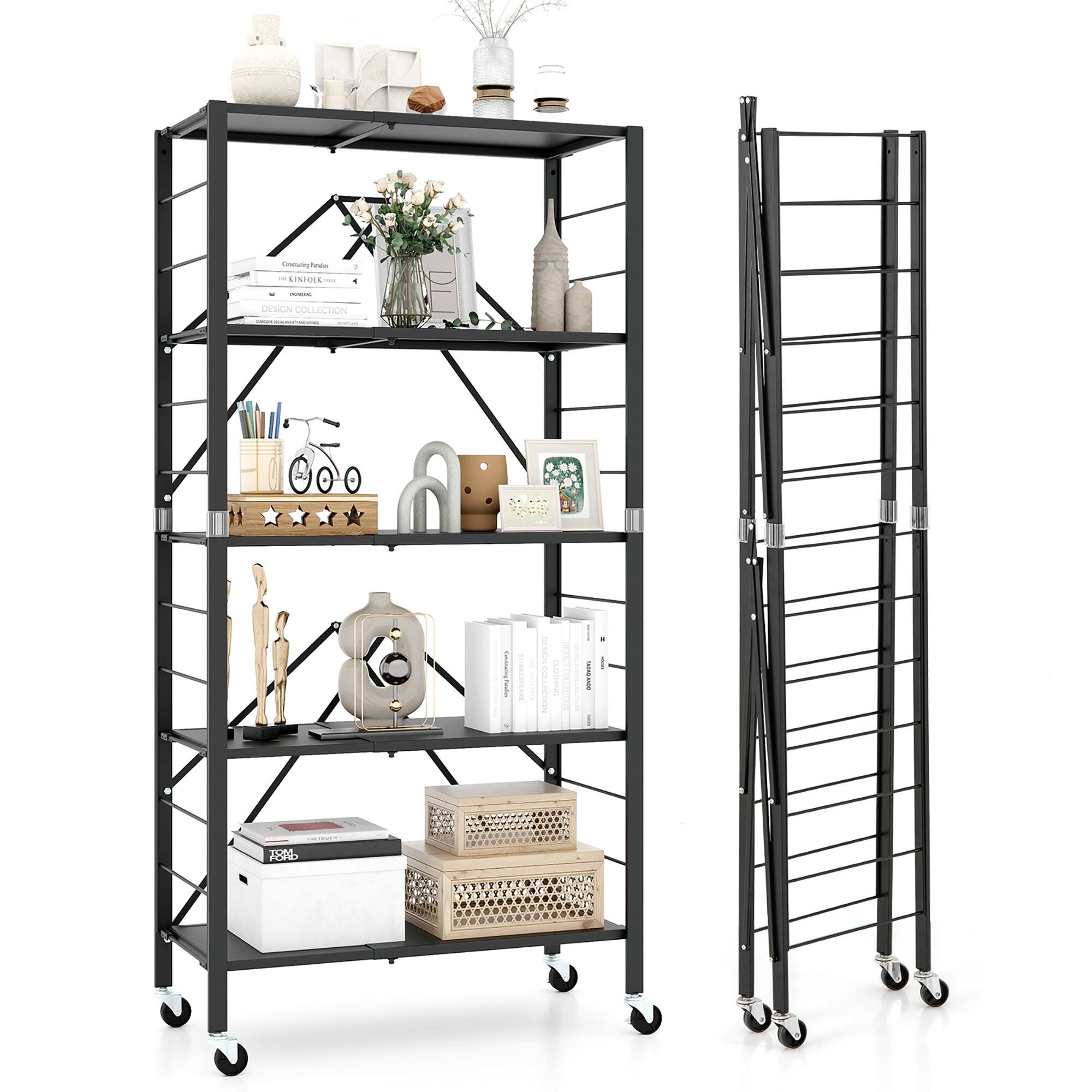 Front. Gymax - Gymax 5-Tier Foldable Storage Shelf w/ Wheels Adjustable Shelves Metal Shelving Unit - Black.