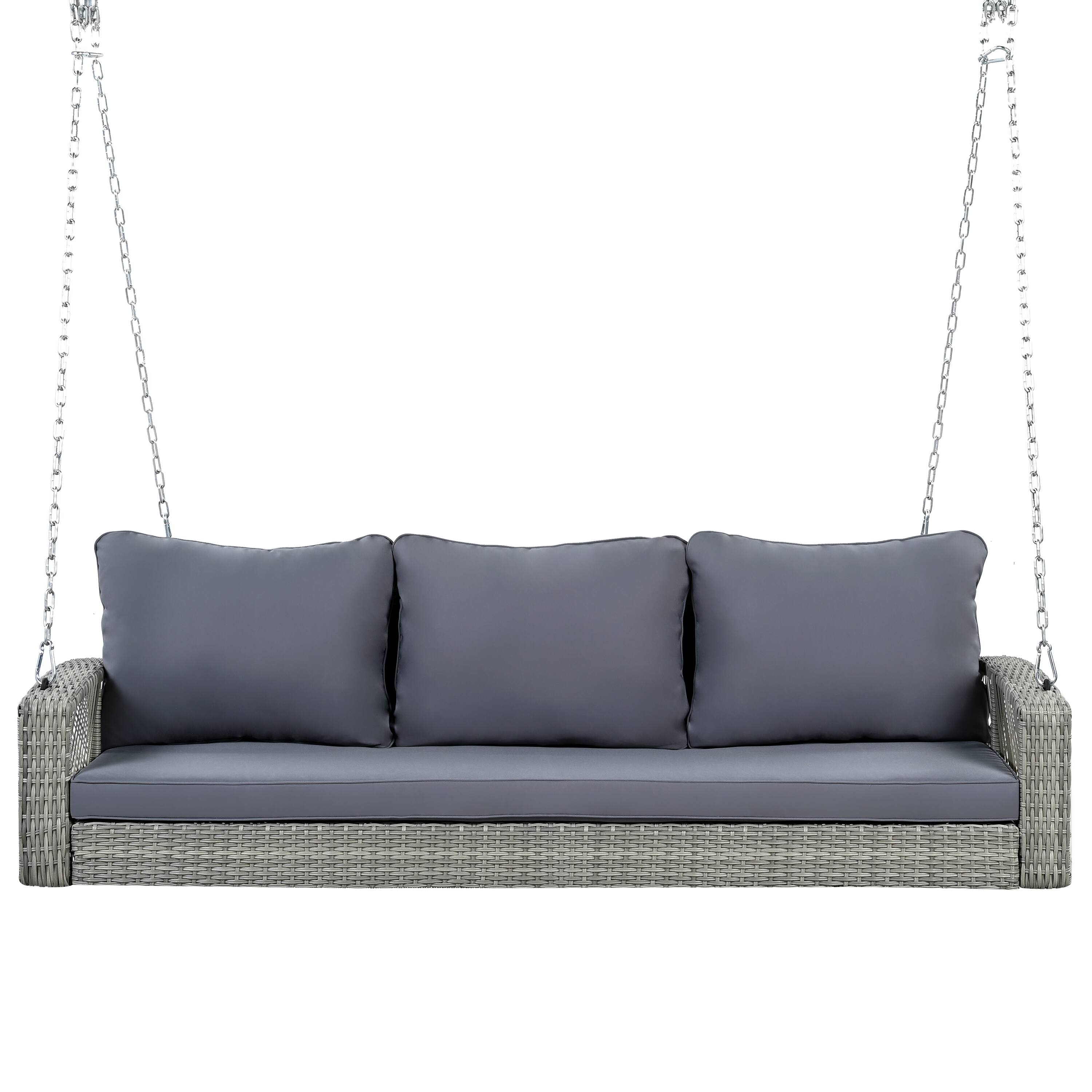 Back. Mondawe - 69" PE Wicker 3-Person Porch Swing with Chains and Cushions - Gray.