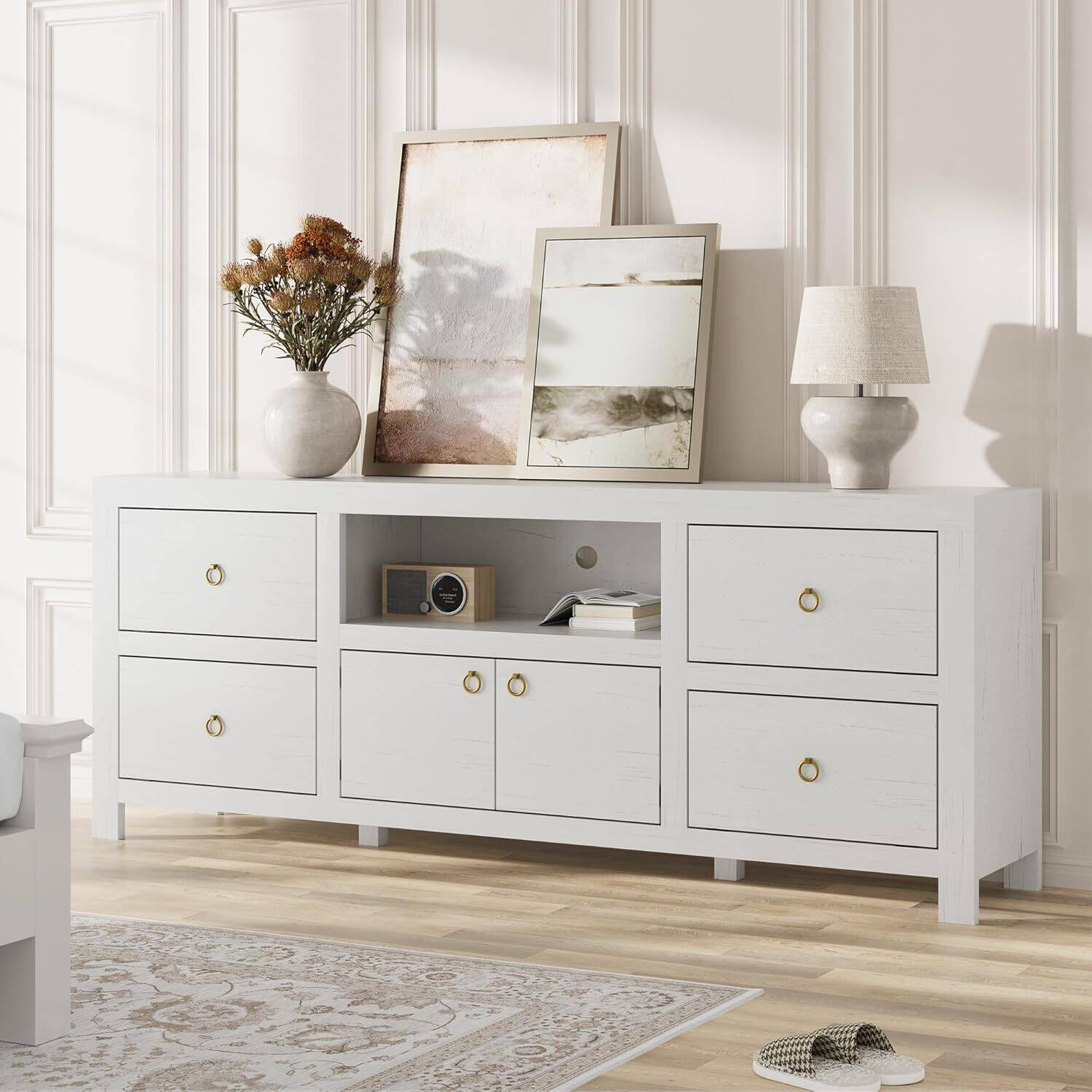 Alt View 1. Acekool - Farmhouse TV Stand Entertainment Center with 6 Storage Drawers for 75/80 Inch TV, Oak - White.