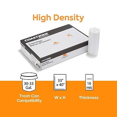 High Density  
COASTWIDE  
Trash Bag Basura  
Bolsas de Basura  

COASTWIDE  
Trash Bag Basura  

30-33 Gal.  
Trash Can Compatibility  

33" x 40"  
W x H  

16 mic  
Thickness