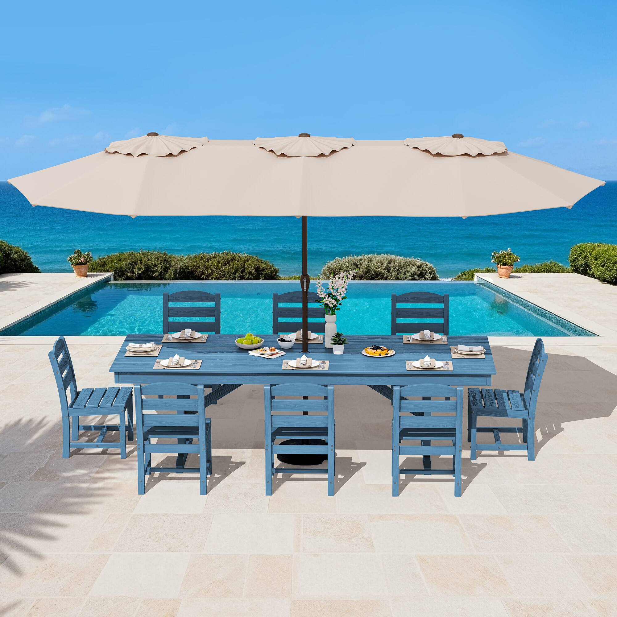 Alt View 10. SERWALL - 9 Piece 84" HDPE Outdoor Dining Set for 8 with Armless Chairs and Umbrelle Hole - Blue.