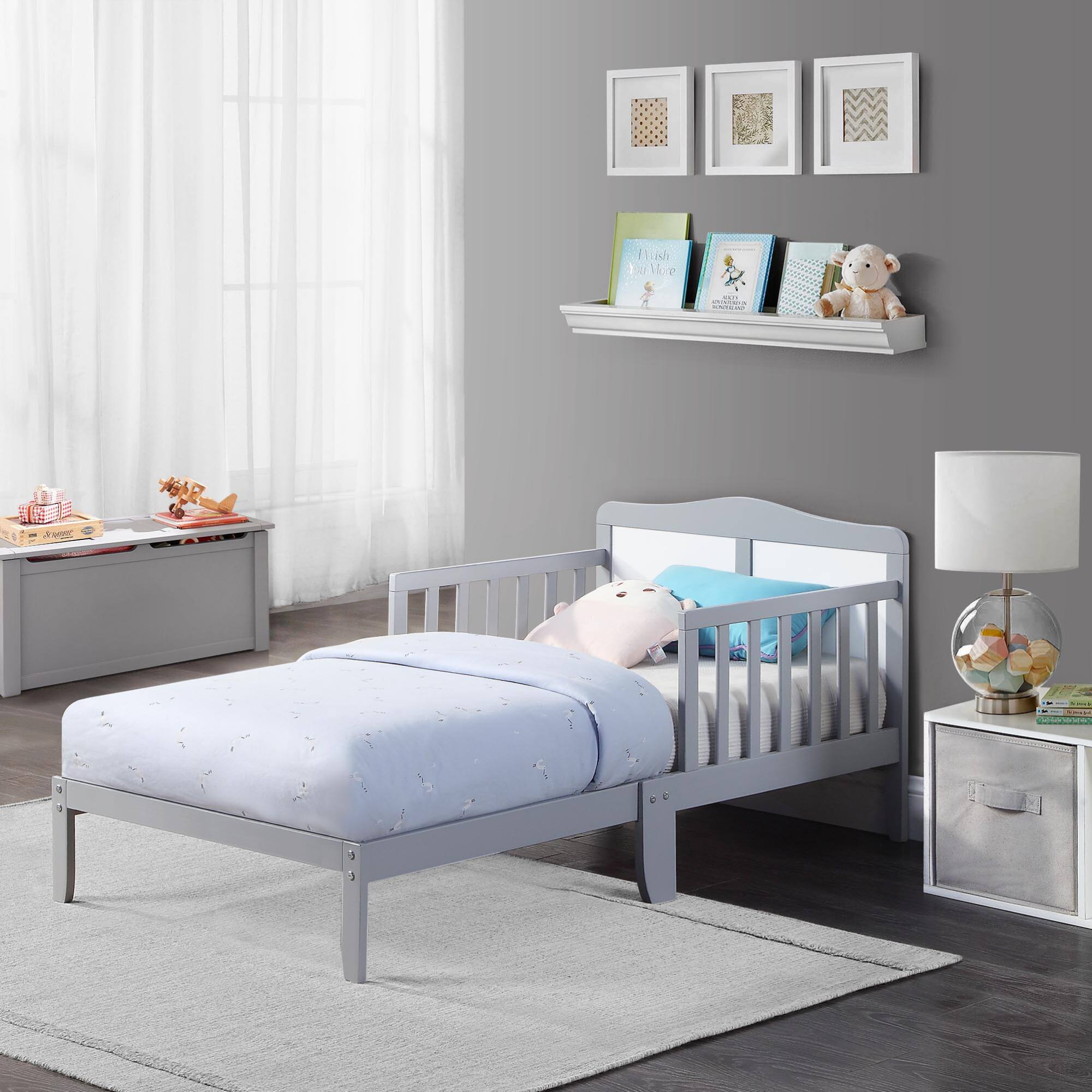 Front. GOODSILO - Solid Wood Toddler Bed with Safety Rails and Low-Profile Design for Secure Sleeping Environment - Light Gray.
