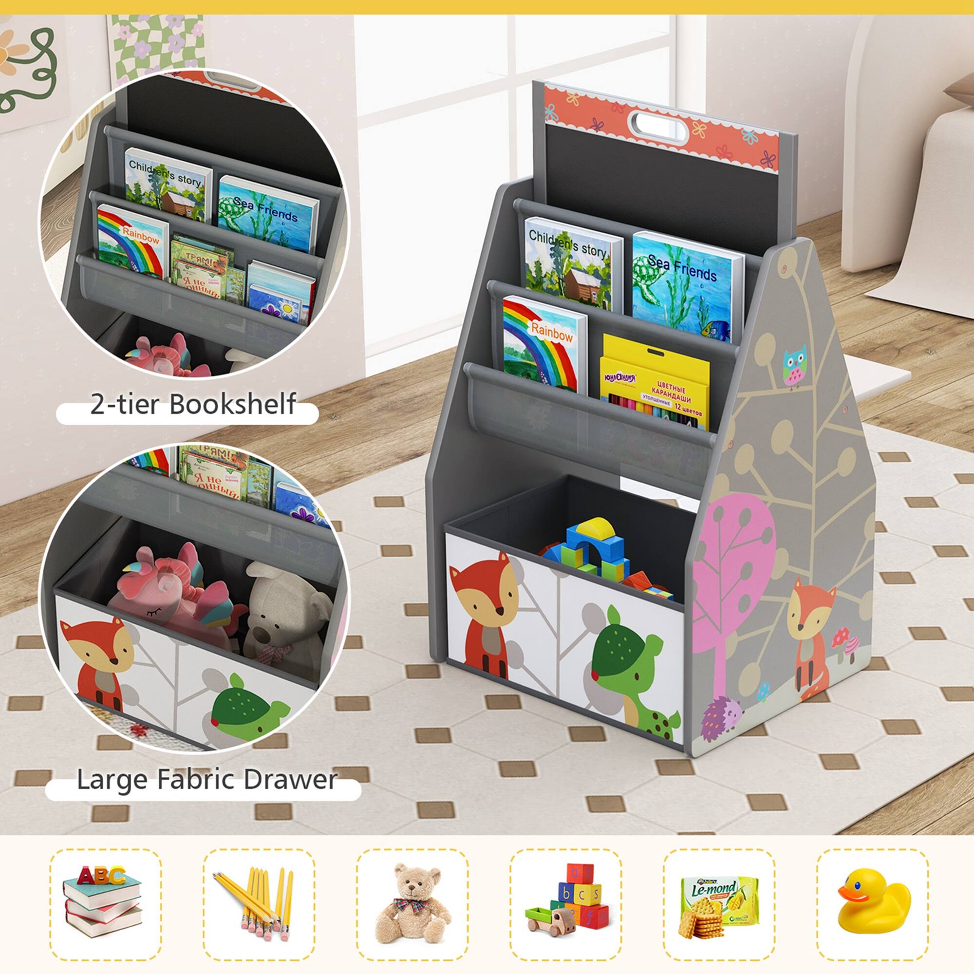 The text on the image reads: "Childrens Child & story Se8 riends Rainbow 1E8I a sar iea Childaen's ds story Sea Friends Rainbow 2-tier Bookshelf aD S - SFTIS O V 14S mISArr Large Fabric Drawer ABC B b C I - Lemond."