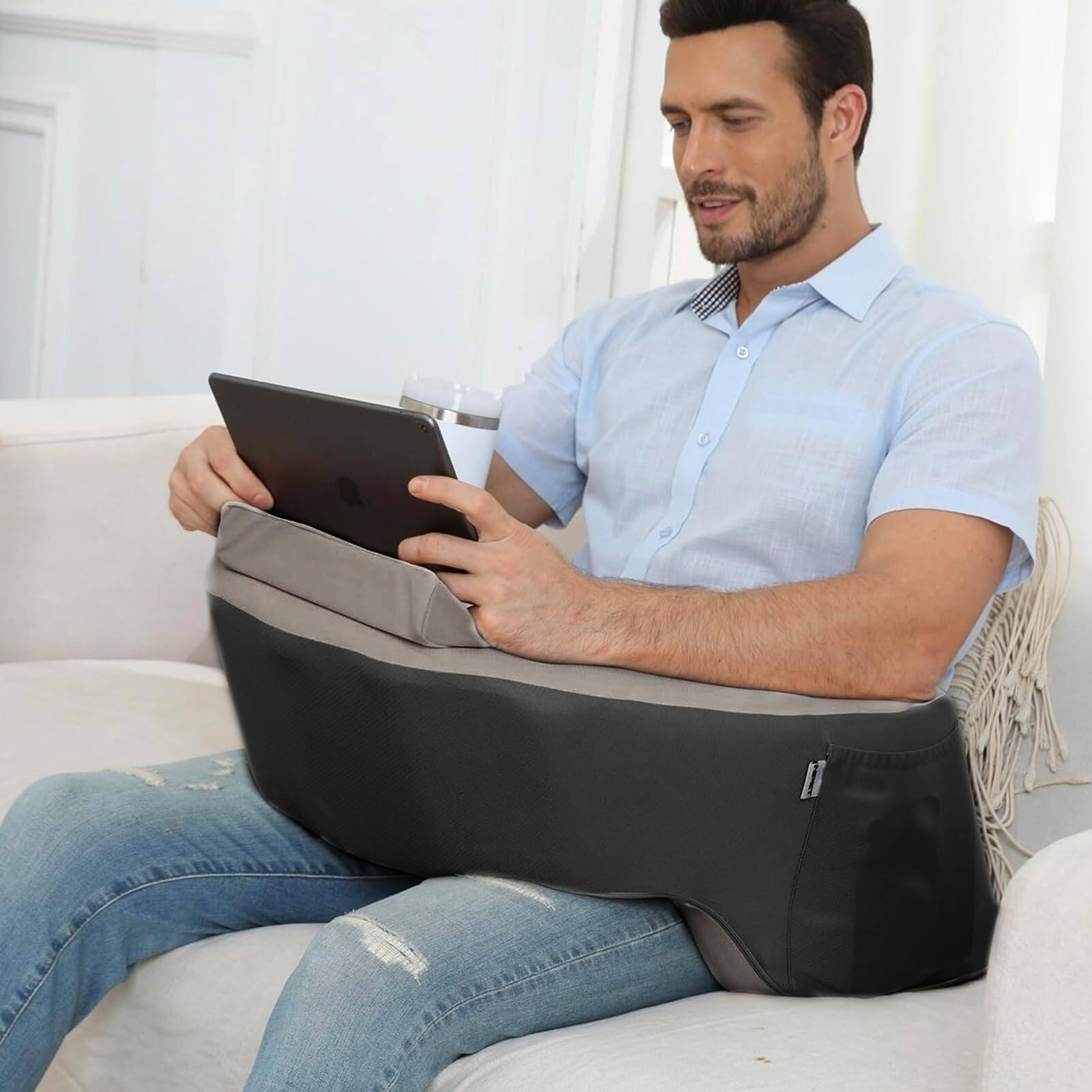 Alt View 1. Paradigms Interiors - Reading Pillow Couch Lap Desk For Gaming Memory Foam Arm Rest With Washable Cover 2 Side Pockets & Cup Hold... - Grey Beige.