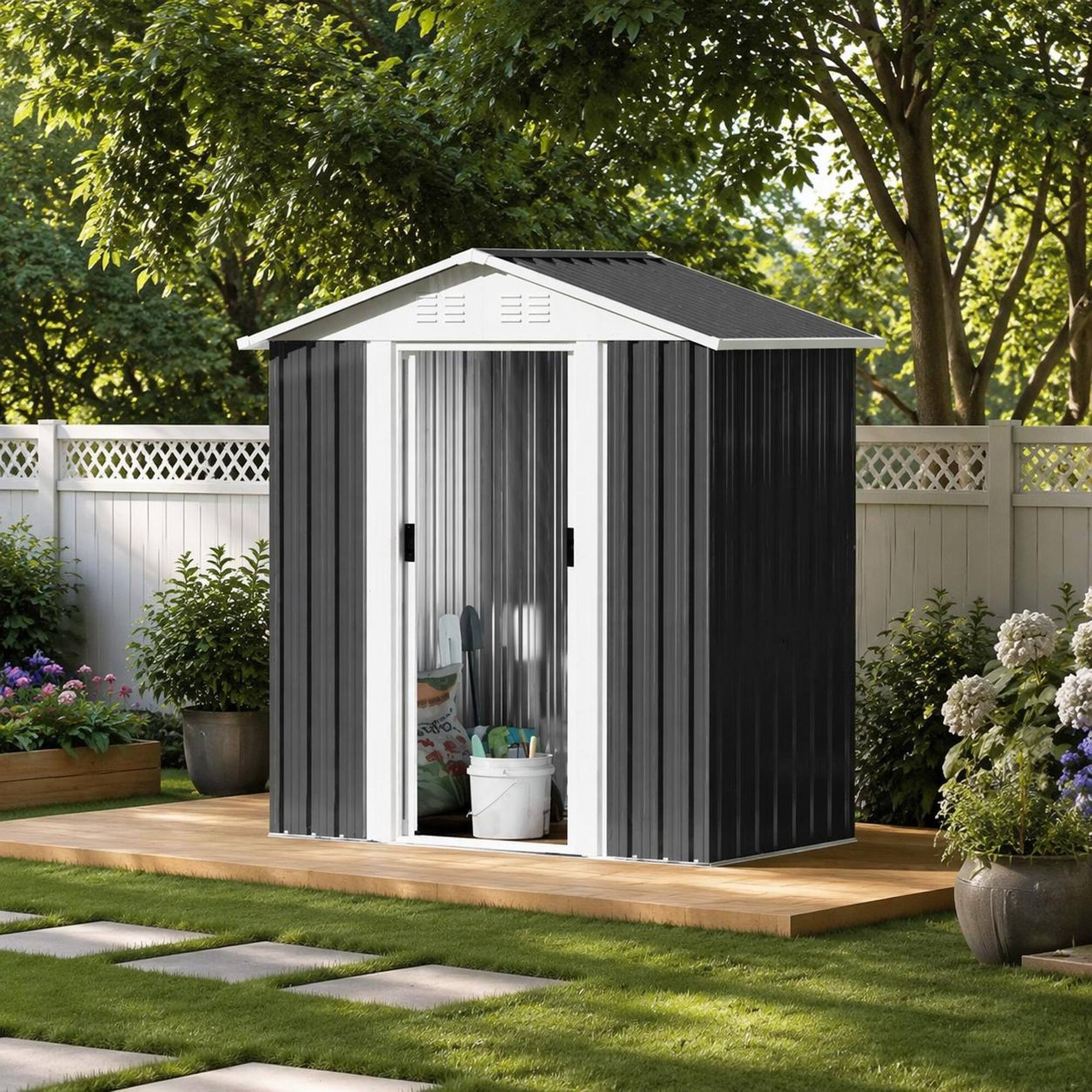 Angle. RYHNUYNE - 5 x 3 Feet Grey Outdoor Storage Shed with,Weather Resistant Tool Shed for Garden Backyard Patio - Black.