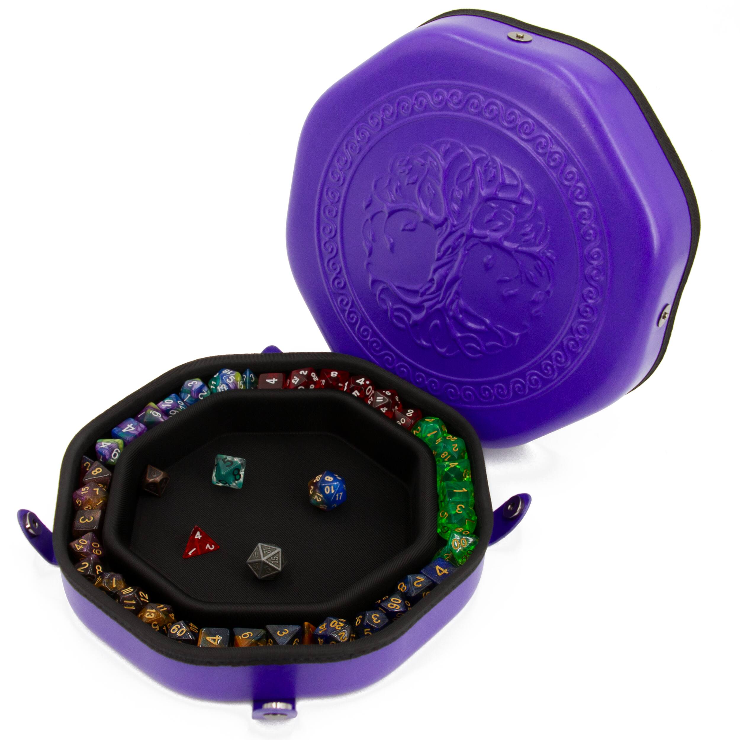 Front. CASEMATIX - Dice Tray and Dice Storage Case for Up to 115 RPG Dice - Purple Dice Tray for Rolling with Embossed Tree of Life Design.