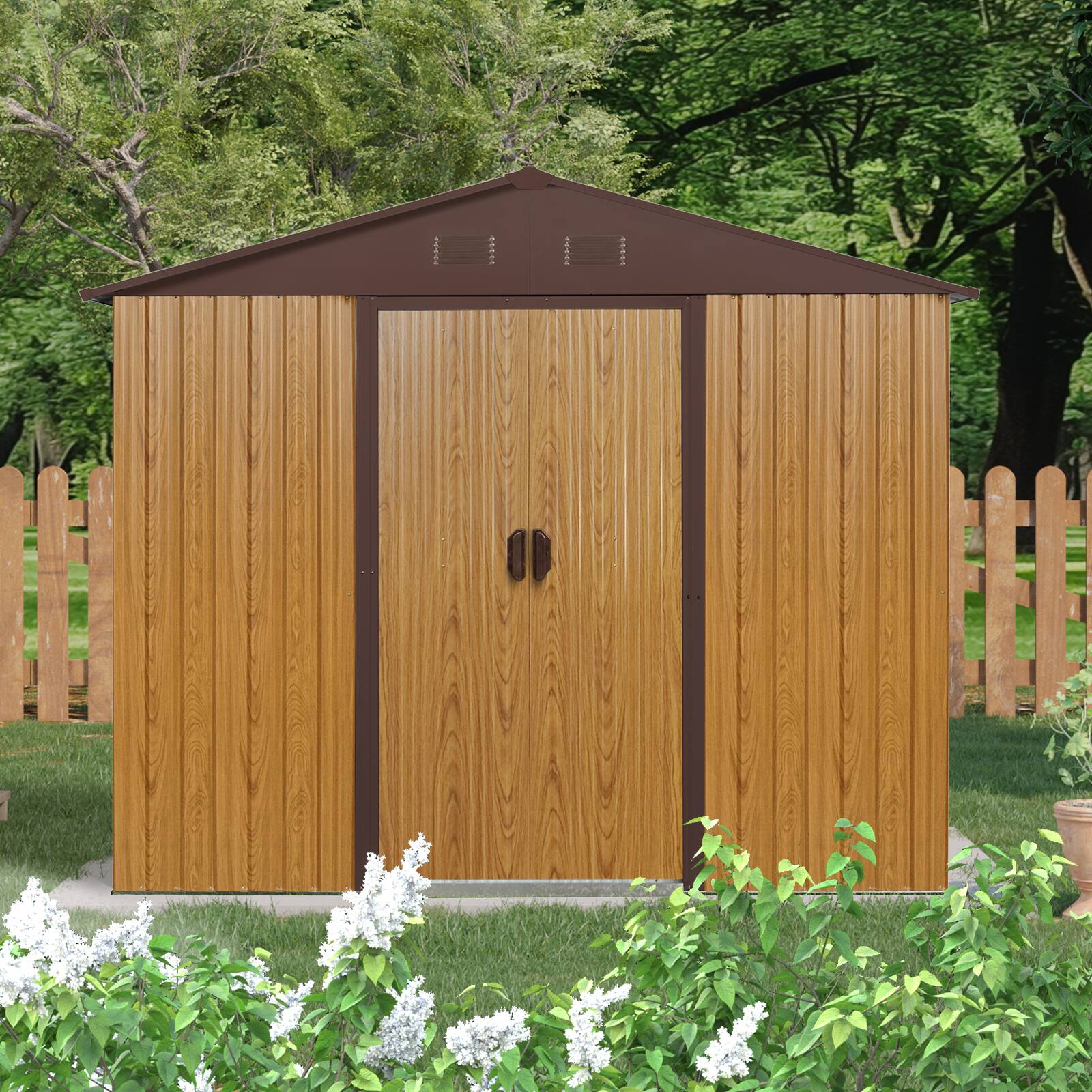 Angle. Mondawe - 8ft x 4ft Outdoor Metal Storage Shed with Sliding Door and foundation - Coffee.