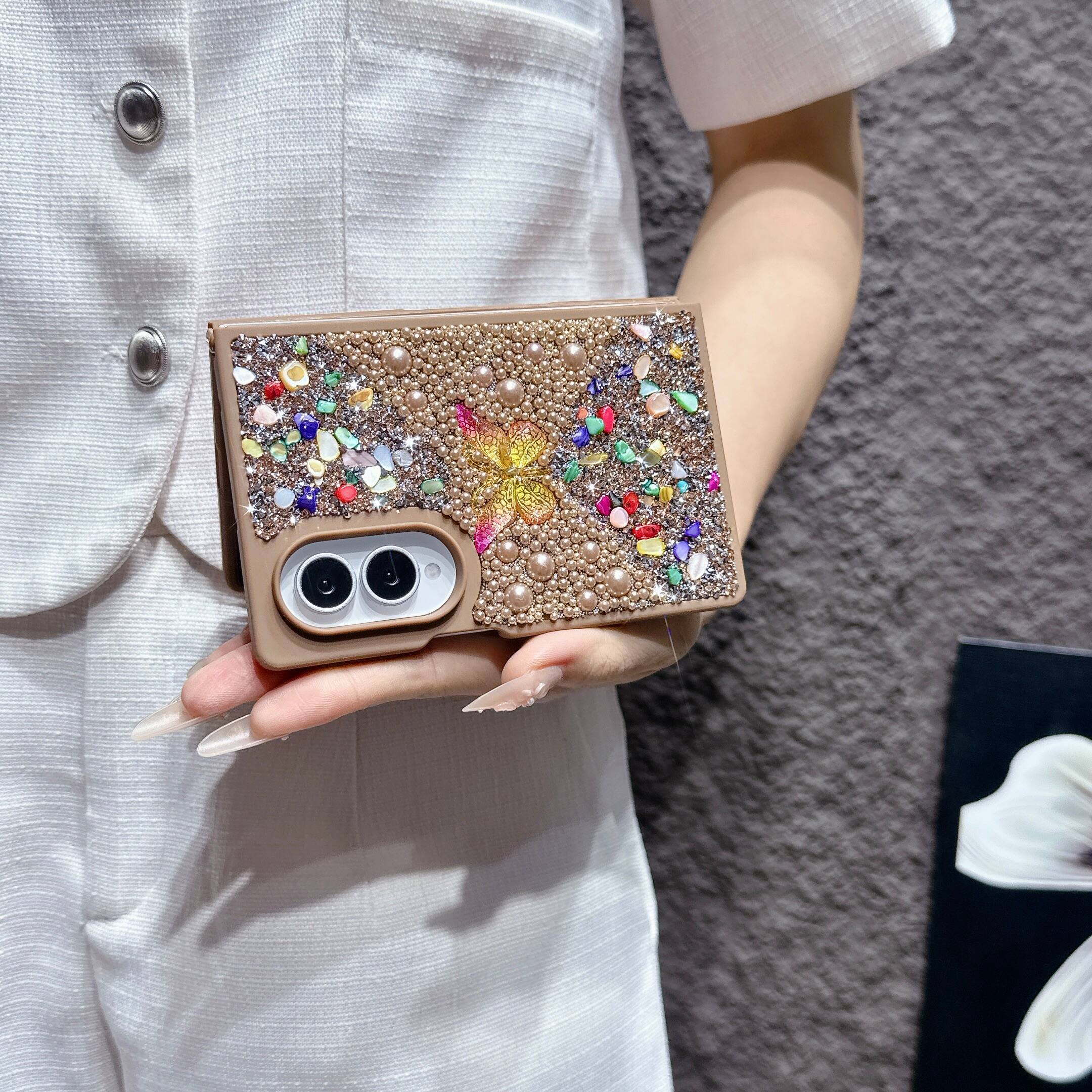 Back. Dteck - Diamond Case for Samsung Galaxy Z Fold 8, Sparkle Glitter Rhinestone Butterfly Phone Cover with Strap - Gold.