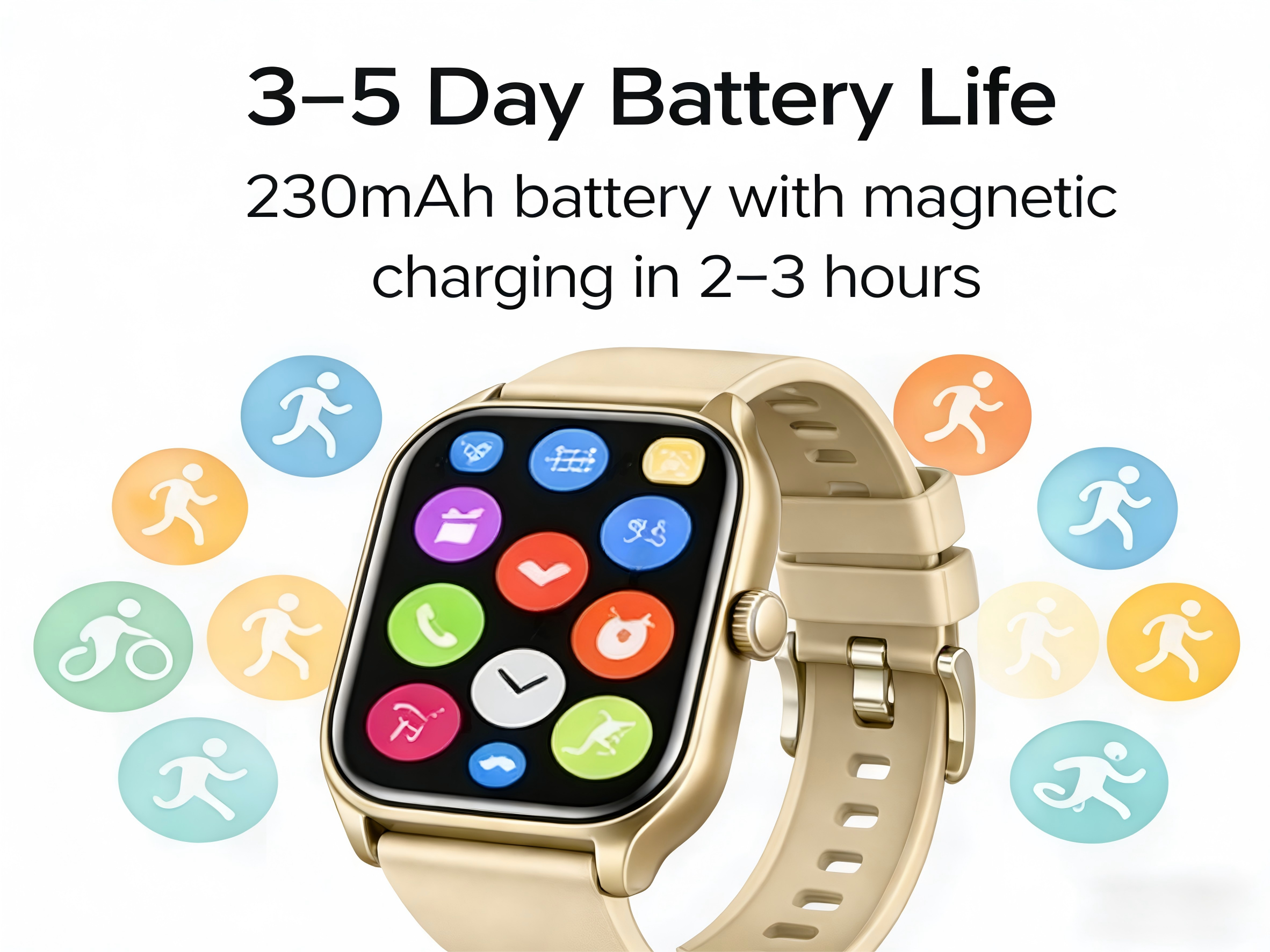 3-5 Day Battery Life  
230mAh battery with magnetic charging in 2-3 hours