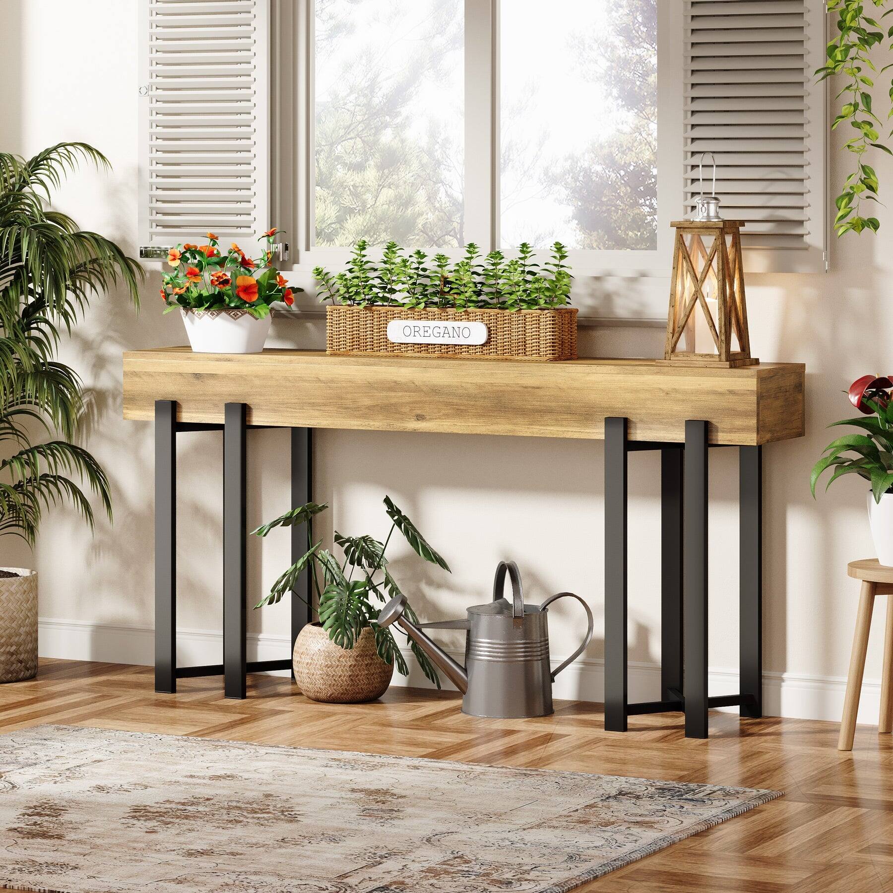 Alt View 2. Tribesigns - Console Table with Engineered Wood Construction, Storage Shelves and Rectangular Top for Entryway - Light Brown.