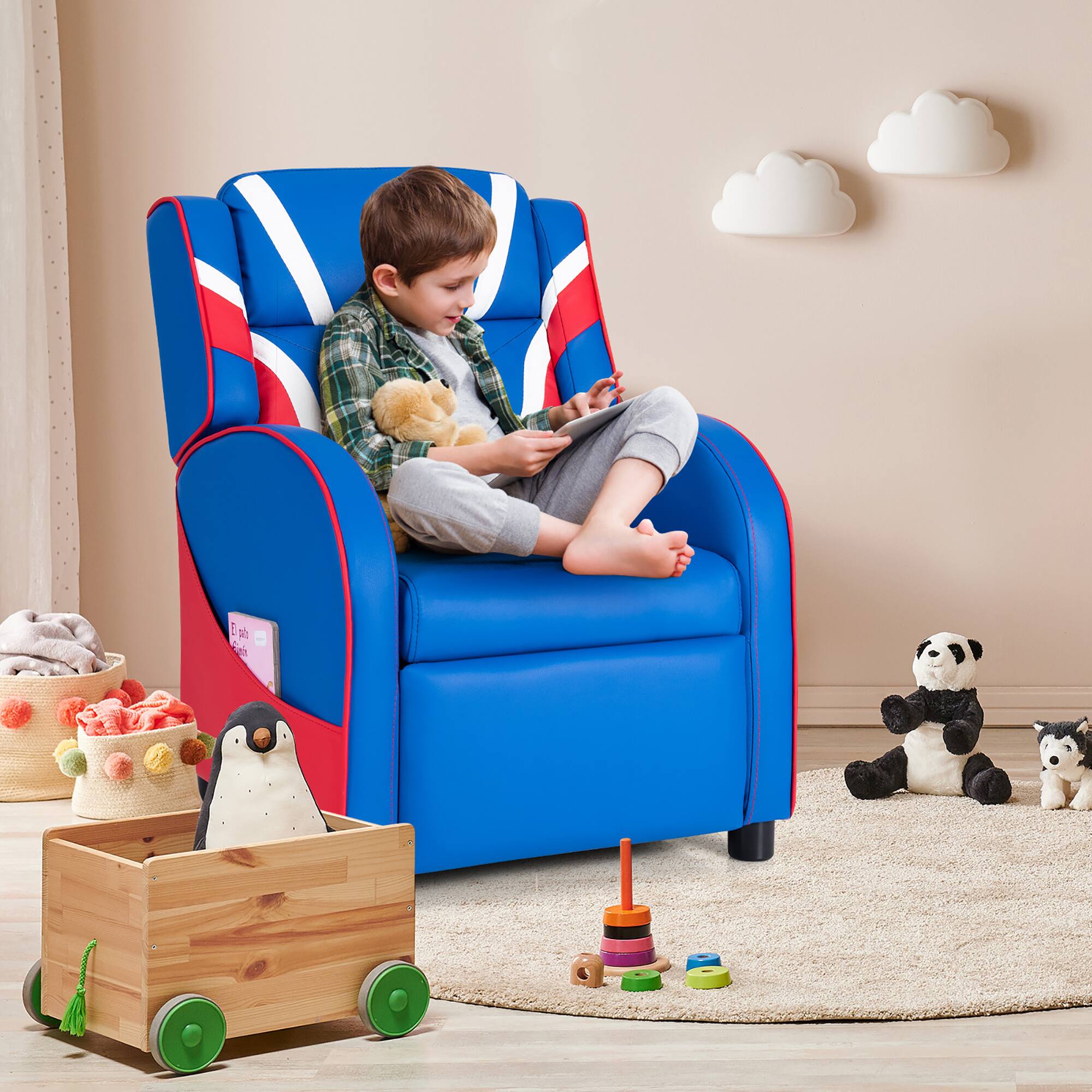 Alt View 7. Costway - Kids Recliner Chair Gaming Sofa PU Leather Armchair w/Side Pockets Blue - Blue.
