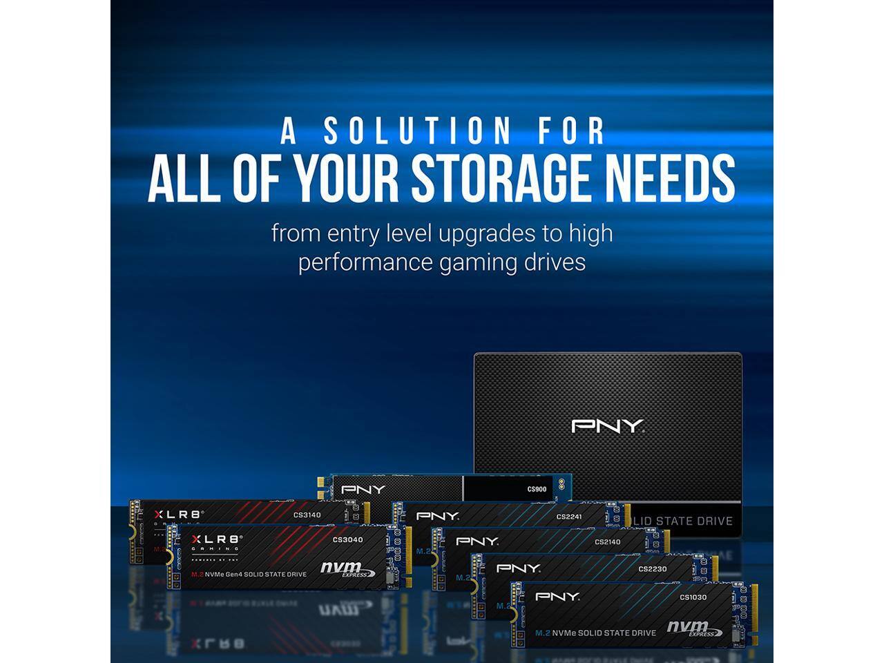 A SOLUTION FOR ALL OF YOUR STORAGE NEEDS  
from entry level upgrades to high performance gaming drives  

PNY CS900  
PNY CS3140  
PNY CS3040  
PNY CS2140  
PNY CS2230  
PNY CS1030  

XL RB  
XL RB Gaming  

M.2 NVMe Gen3 SOLID STATE DRIVE  
M.2 NVMe Gen3 SOLID STATE DRIVE  
LID STATE DRIVE  
M.2 NVMe Gen3 SOLID STATE DRIVE