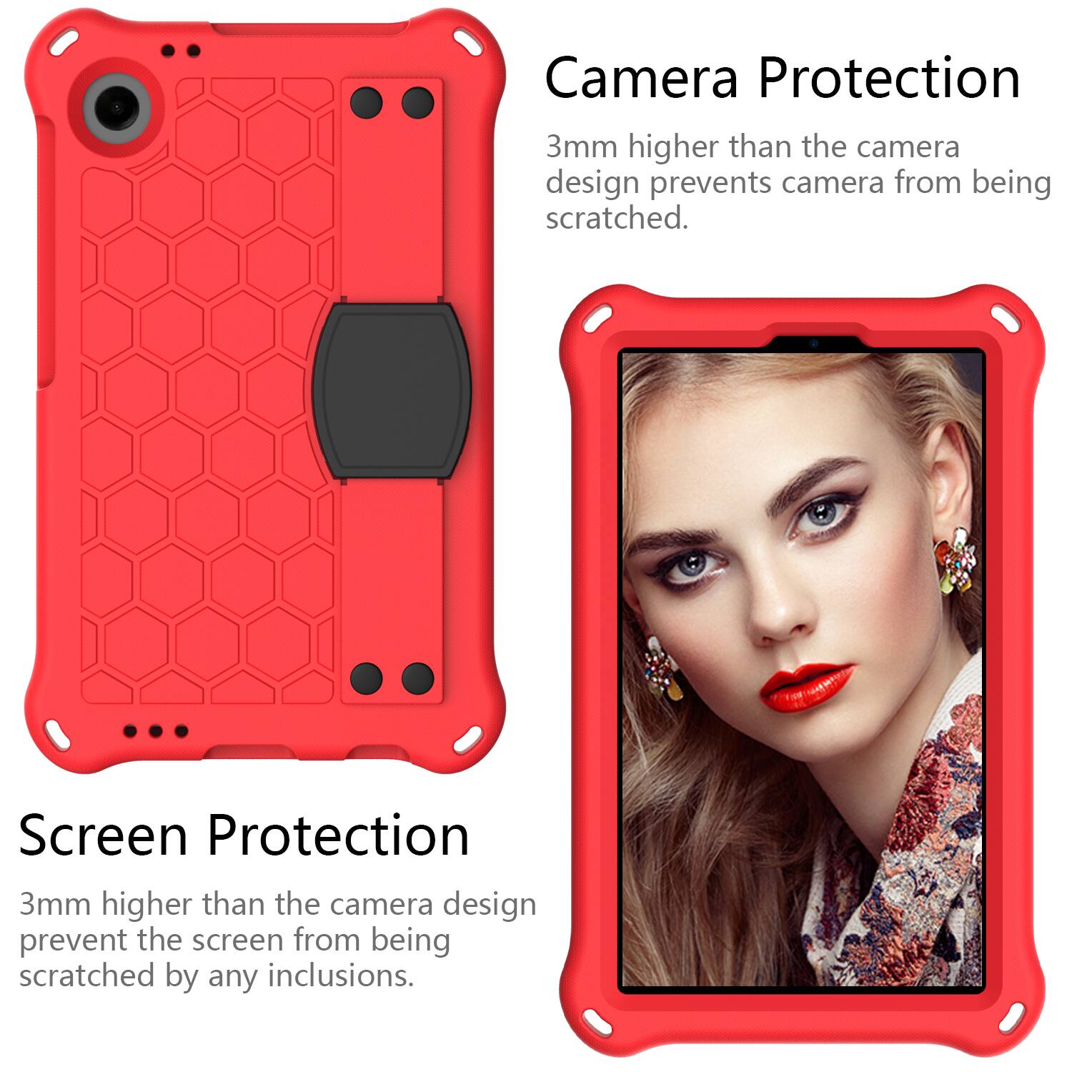 Camera Protection  
3mm higher than the camera design prevents camera from being scratched.  

Screen Protection  
3mm higher than the camera design prevent the screen from being scratched by any inclusions.