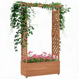 RYHNUYNE - Raised Wooden Garden Planter with Arch Trellis for Climbing Plants and Hanging Flowers, 44 x 16.25 x 70.75 Inch - Brown