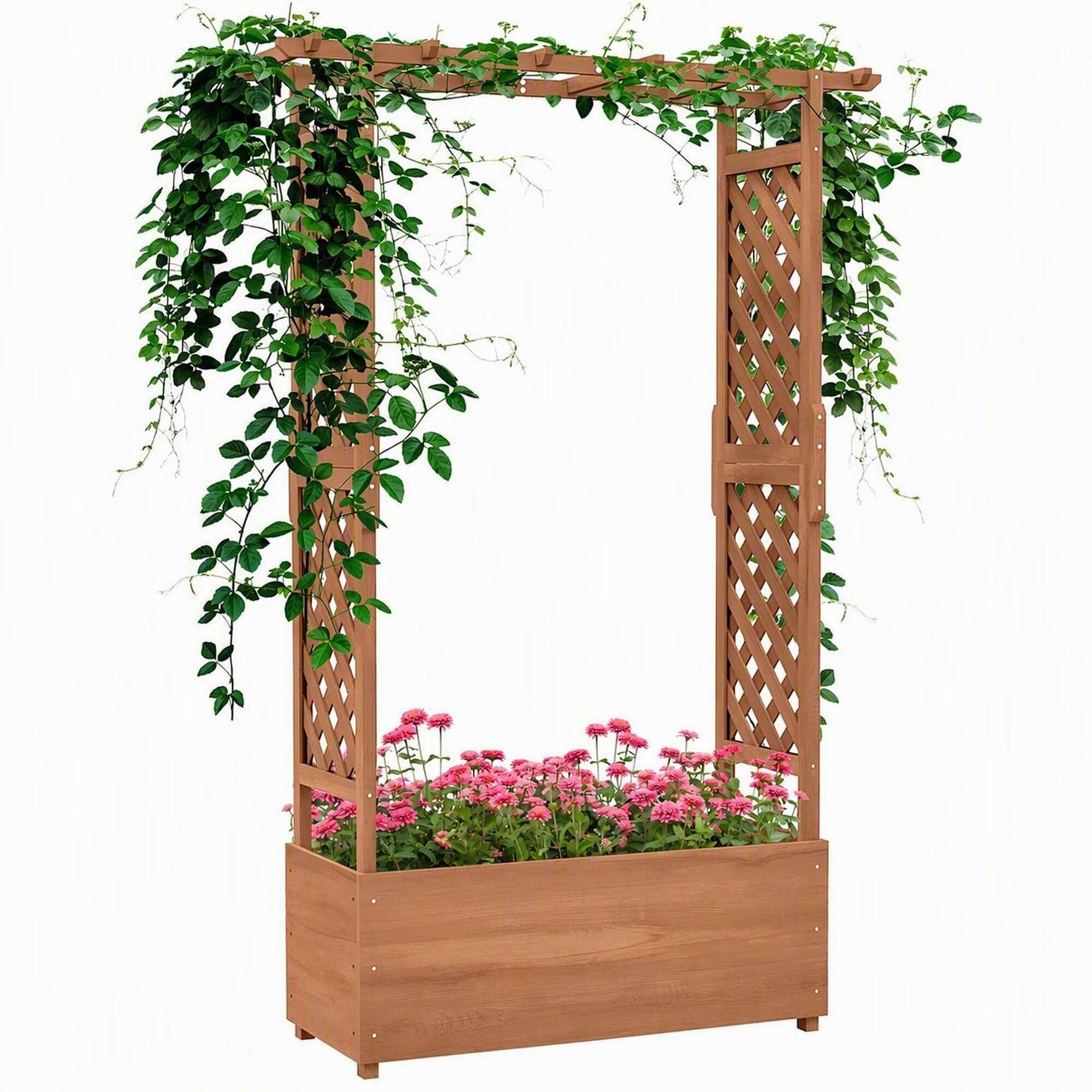 Front. RYHNUYNE - Raised Wooden Garden Planter with Arch Trellis for Climbing Plants and Hanging Flowers, 44 x 16.25 x 70.75 Inch - Brown.