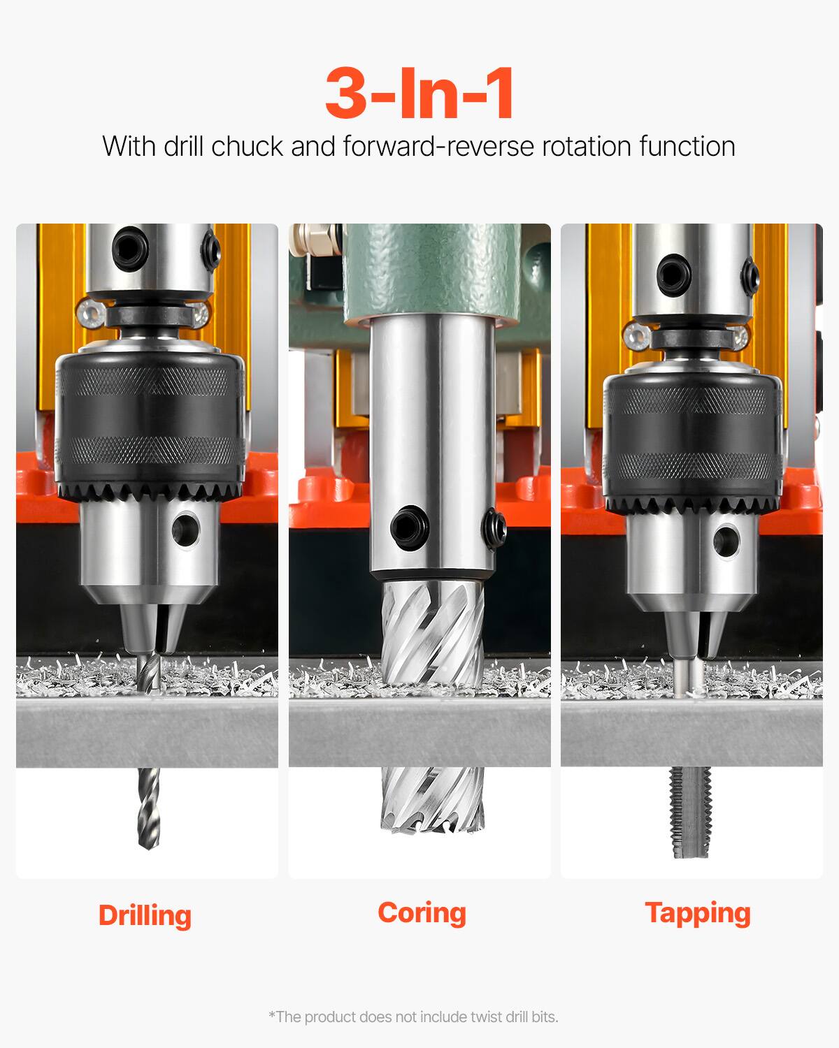 3-In-1 With drill chuck and forward-reverse rotation function

Drilling  
Coring  
Tapping  

*The product does not include twist drill bits.