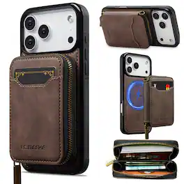 Dteck - 2-in-1 Magnetic Detachable Zipper Wallet Case for Apple iPhone 17 Pro Max, RFID Blocking PU Leather Phone Cover - Coffee