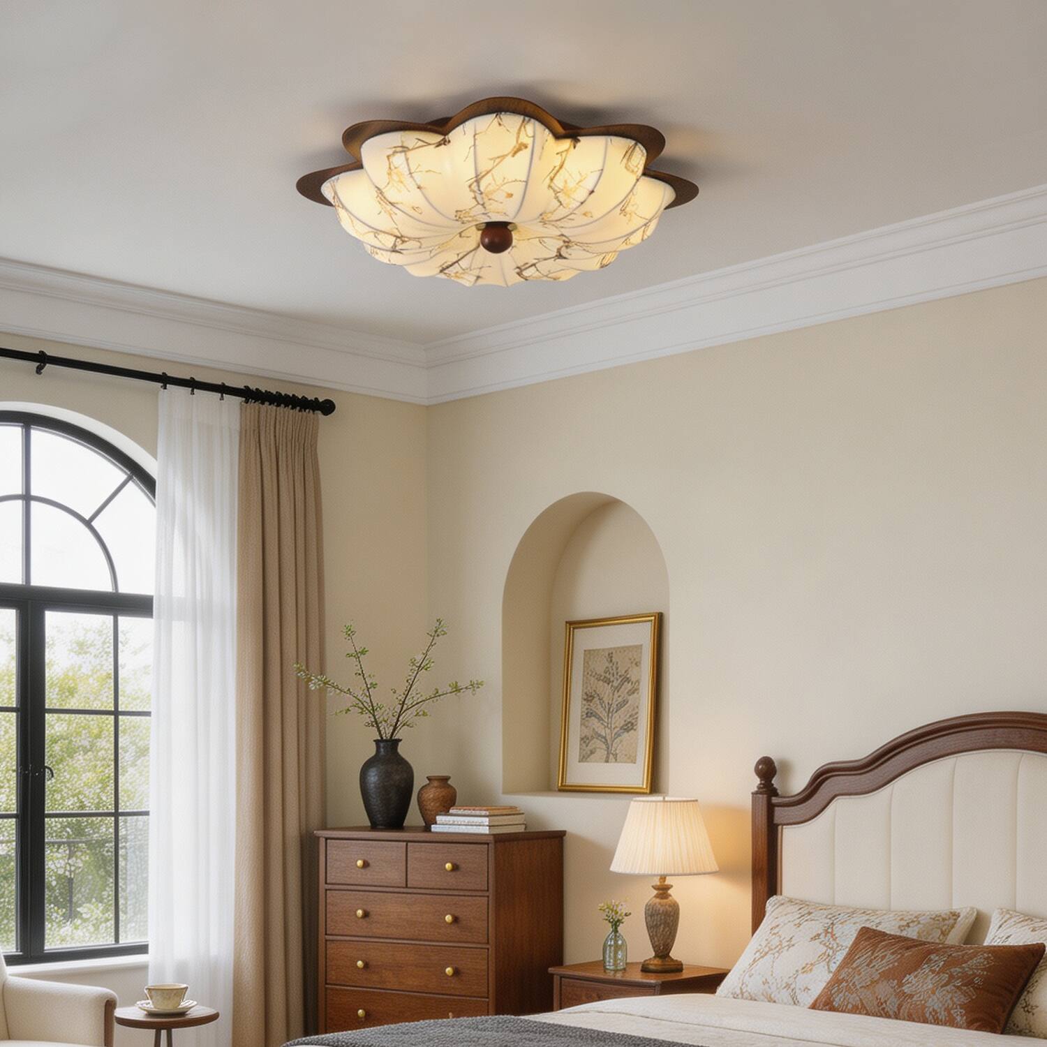 Angle. Umeiluce - 19.7" Vintage LED Flush Mount Ceiling Light with Floral Fabric Shade Dimmable - Walnut.