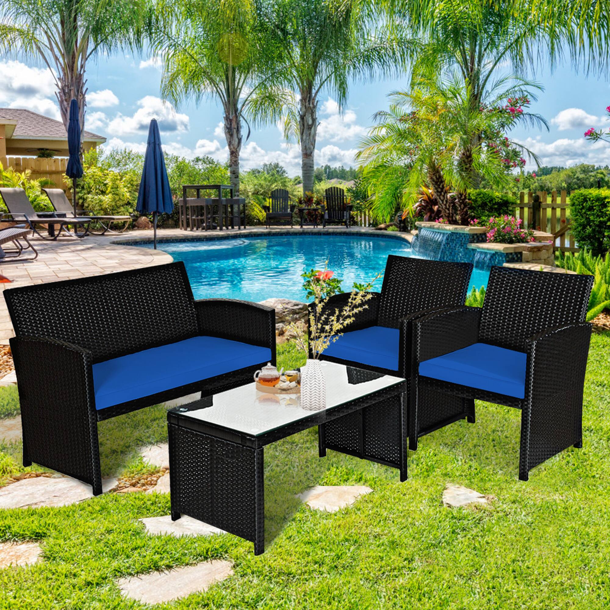 Alt View 9. Gymax - Gymax 8PCS Rattan Outdoor Conversation Set Patio Furniture Set w/ Navy Cushions - Navy.