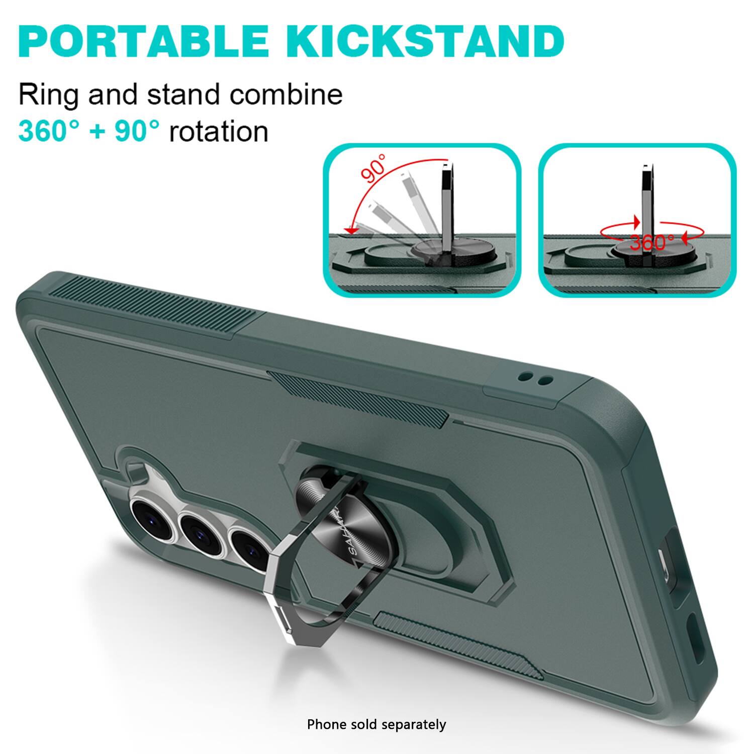 PORTABLE KICKSTAND

Ring and stand combine  
360° + 90° rotation

Phone sold separately