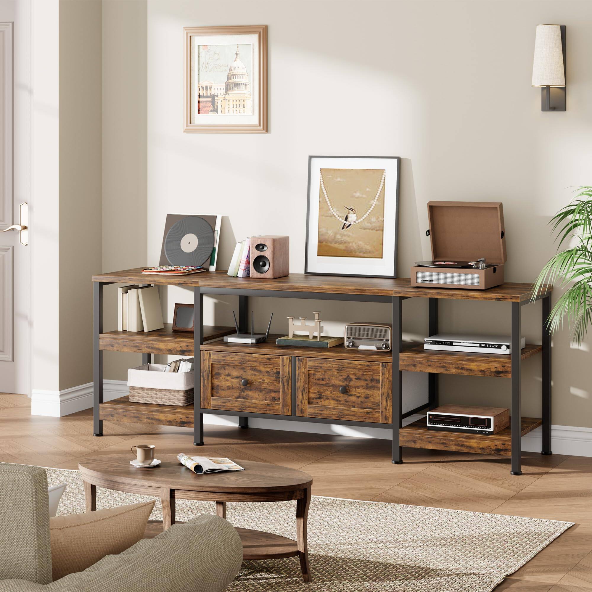 Alt View 1. Qeetex - 71" TV Stand for 75 Inch TVs, Industrial Entertainment Center with 2 Drawers, Open Shelves & Metal Frame - Brown.