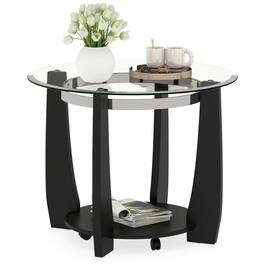 Costway - 32" 2-Tier Glass Coffee Table with Tempered Glass Top Bottom Storage Shelf & Wheels - Transparent & Black