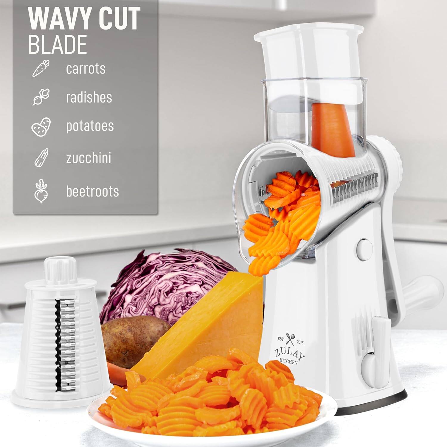 WAVY CUT BLADE

- carrots
- radishes
- potatoes
- zucchini
- beetroots

EST. 2015 ZULAY KITCHEN