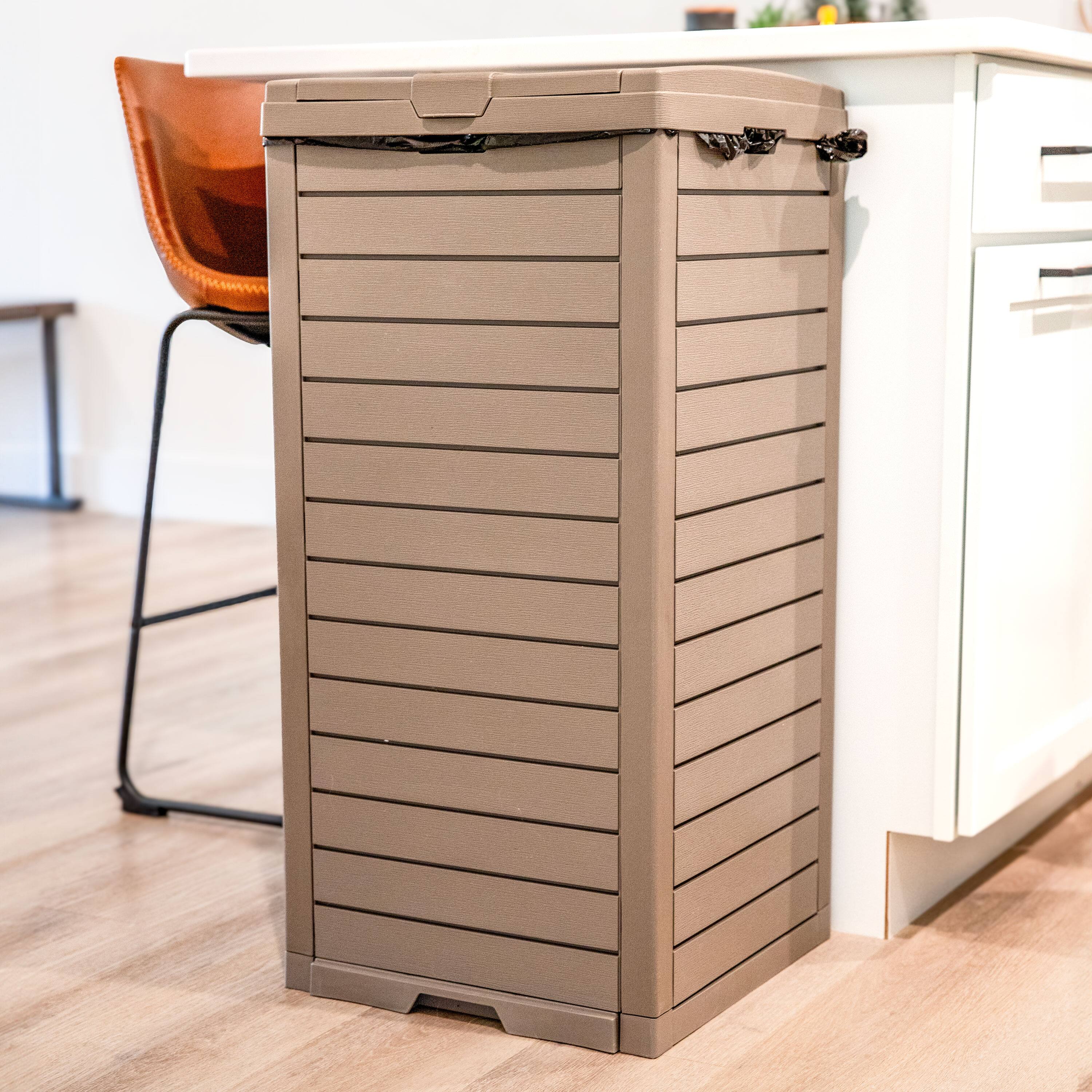 Alt View 8. Sunnydaze - 39-Gallon Outdoor Trash Can with Lid and Drip Tray - Light Gray.