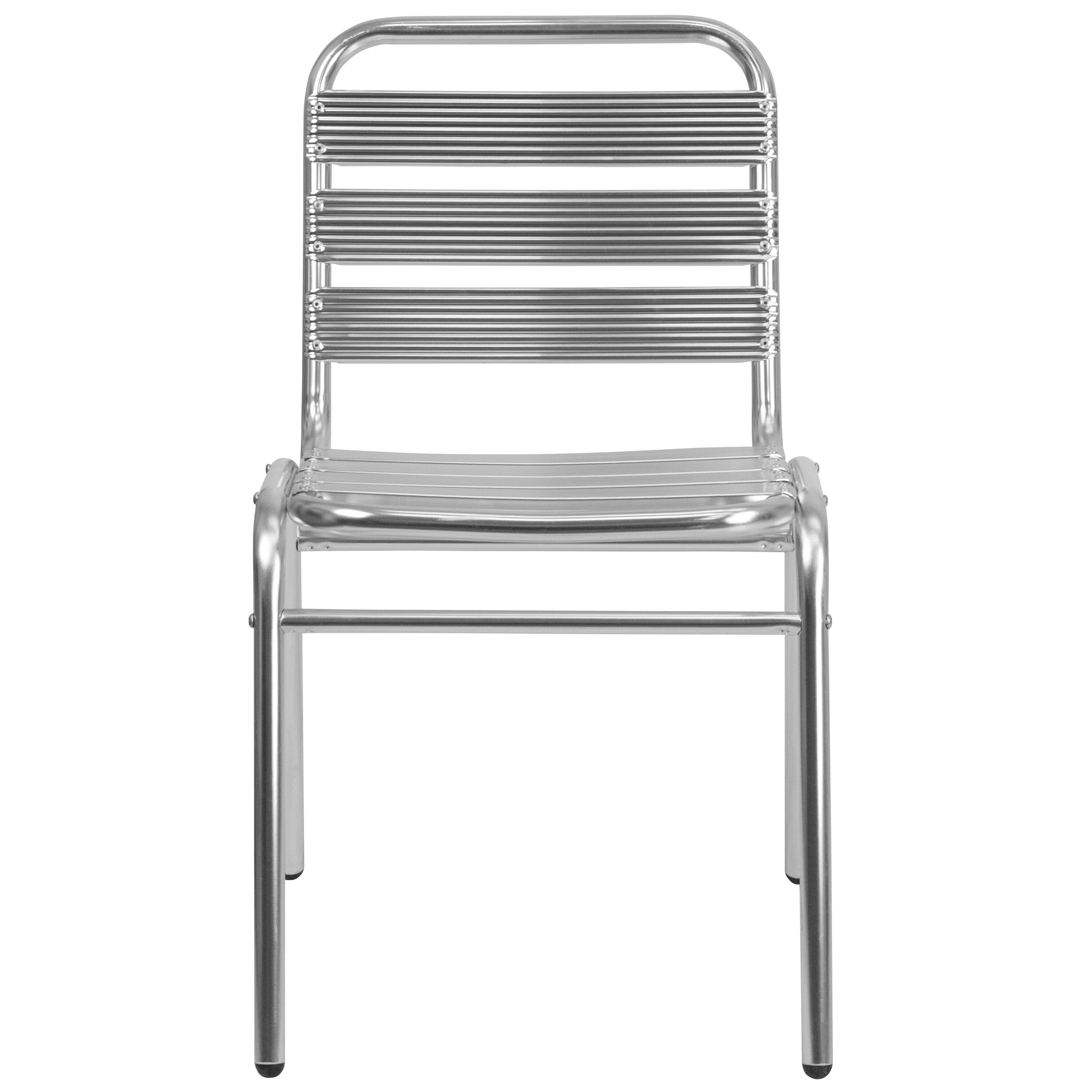 Alt View 7. Emma + Oliver - 4 Pack Metal Commercial Indoor-Outdoor Armless Restaurant Stack Chair with Triple Slat Back - Aluminum.