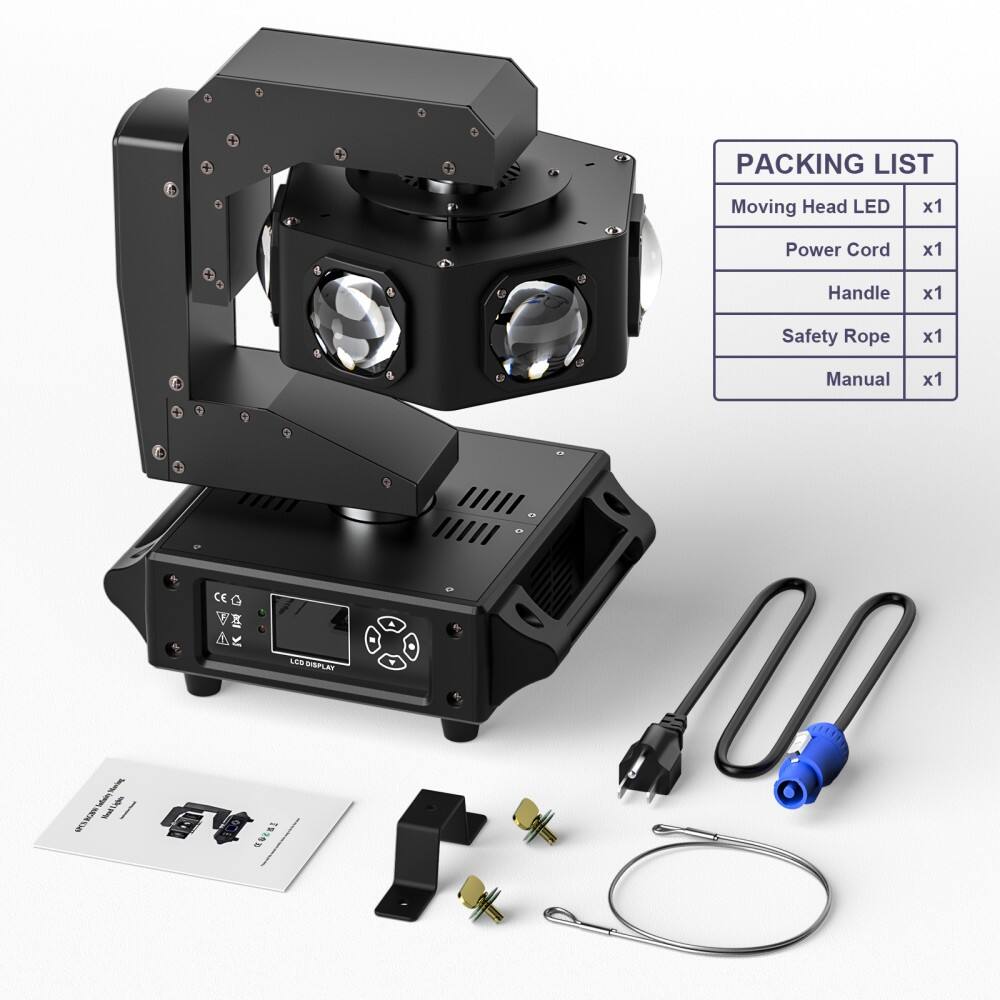 Packing List

Moving Head LED x1  
Power Cord x1  
Handle x1  
Safety Rope x1  
Manual x1  

CE  
SISPLES  
LCD DISPLAY