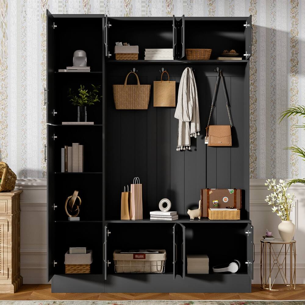Left. Loheer - Loheer 79 inch tall modern hall tree, entryway bench with shoe storage, MDF, Black - Black.