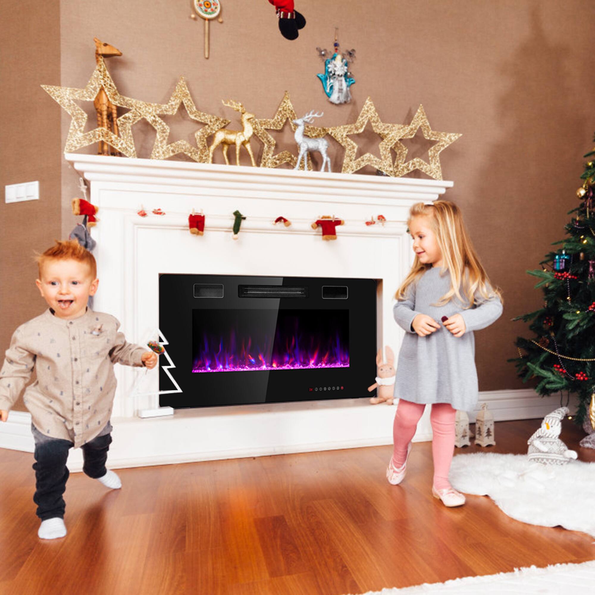 Alt View 2. Gymax - Gymax 36-inch Recessed Wall Mounted Electric Fireplace Heater w/ Remote Control - Black.