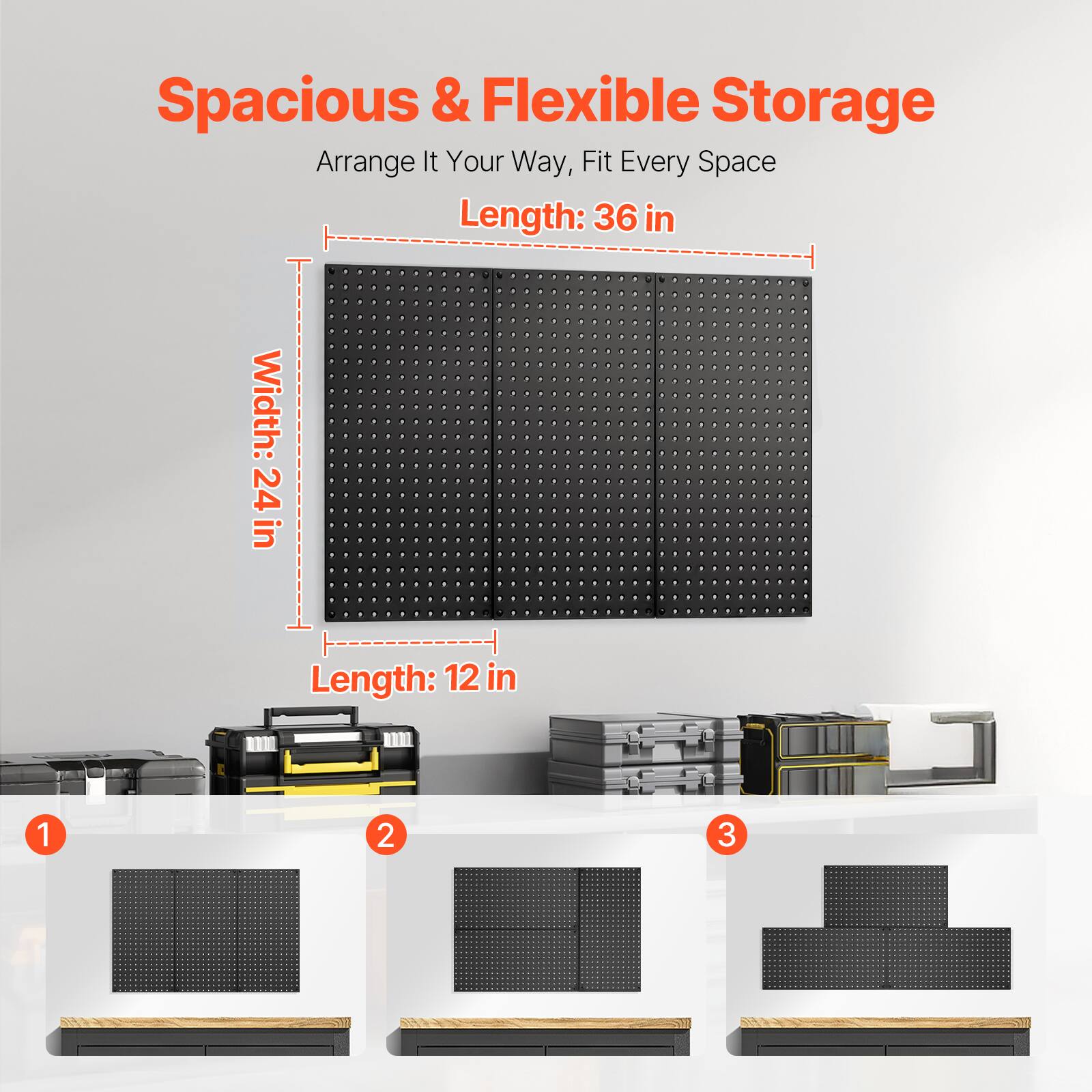 Spacious & Flexible Storage  
Arrange It Your Way, Fit Every Space  

Length: 36 in  
Width: 24 in  
Length: 12 in  

1  
2  
3