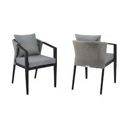 Armen Living - Aileen Outdoor Patio Dining Chairs in Aluminum and Wicker with Gray Cushions - Set of 2 - Dark Gray