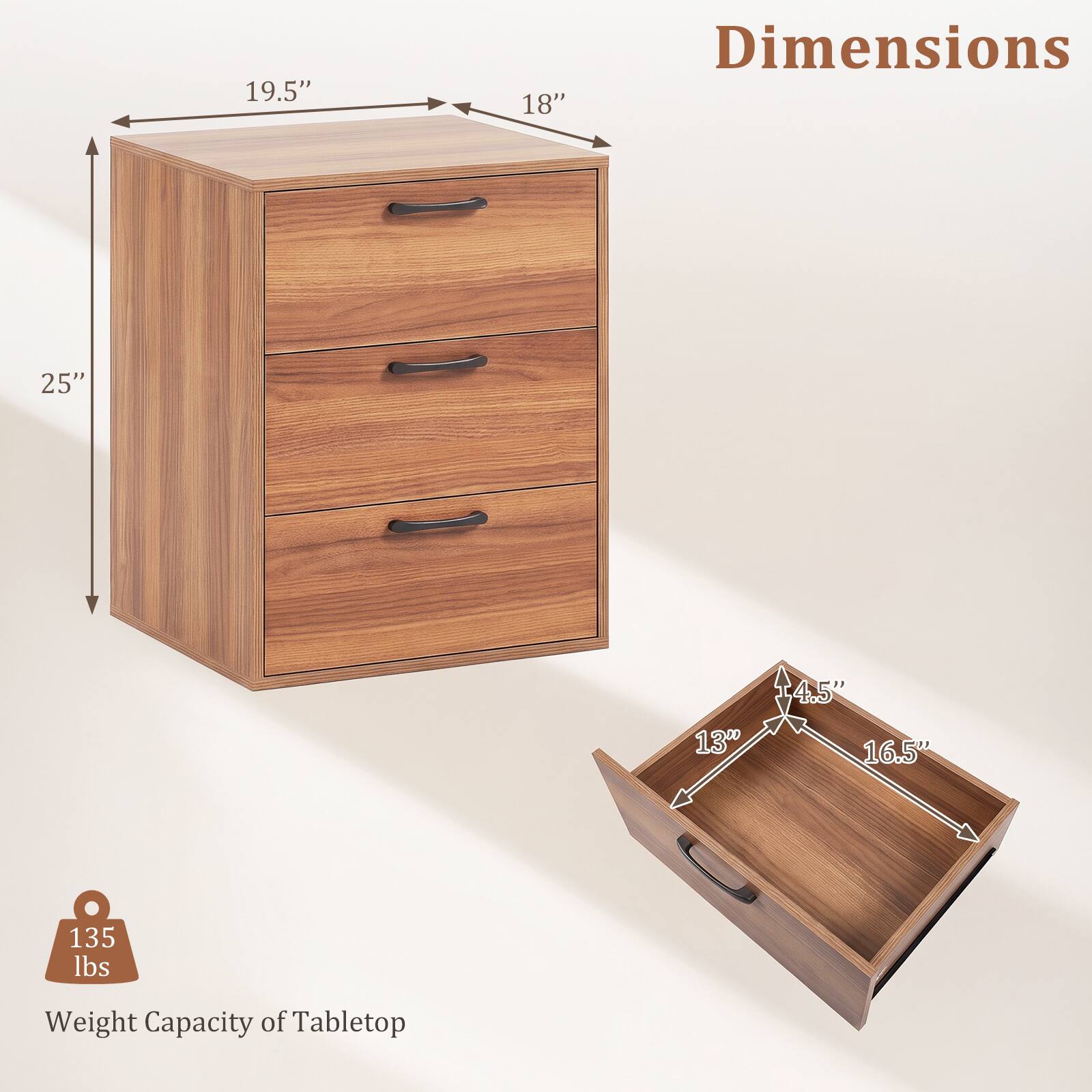 Dimensions

19.5"  
18"  
25"  
4.5"  
13"  
16.5"  

Weight Capacity of Tabletop  
135 lbs